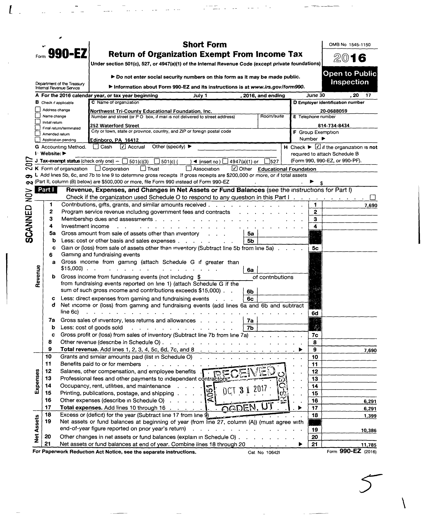 Image of first page of 2016 Form 990EO for Northwest Tri-County Educational Foundation