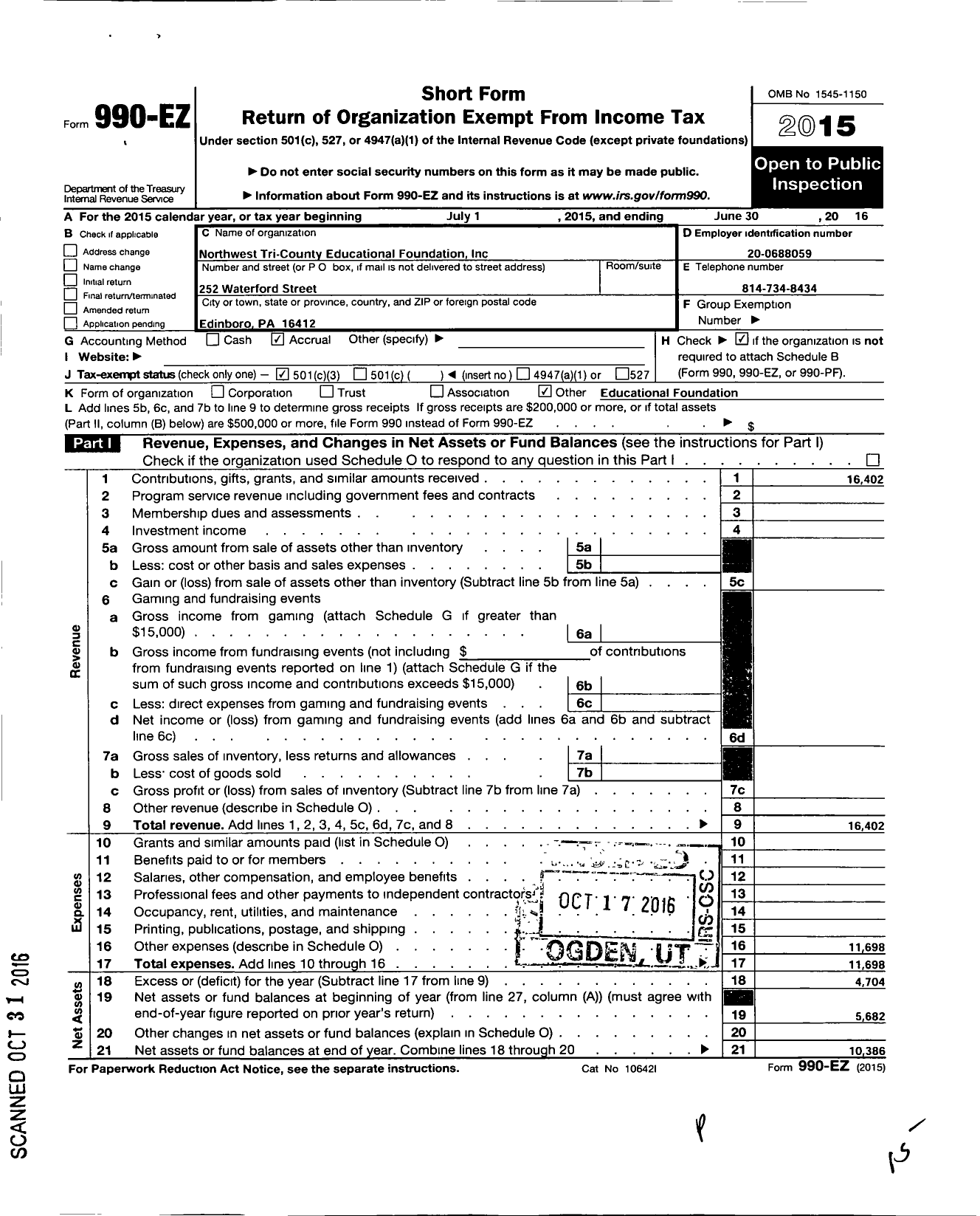 Image of first page of 2015 Form 990EZ for Northwest Tri-County Educational Foundation