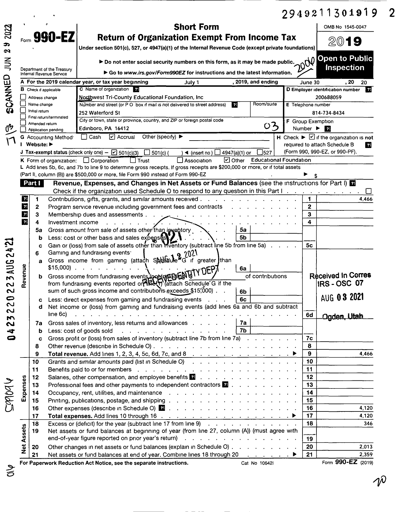 Image of first page of 2019 Form 990EZ for Northwest Tri-County Educational Foundation