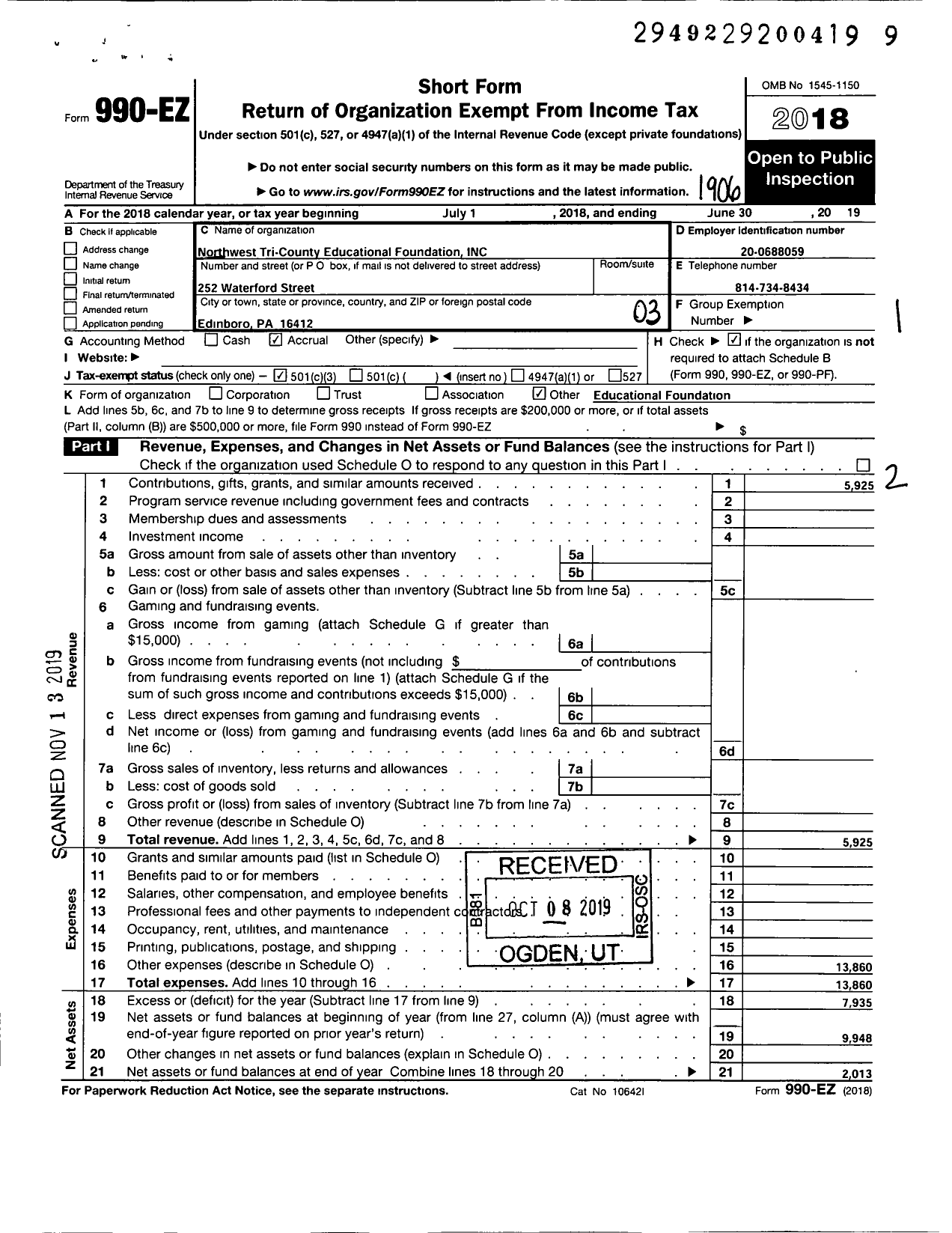 Image of first page of 2018 Form 990EZ for Northwest Tri-County Educational Foundation