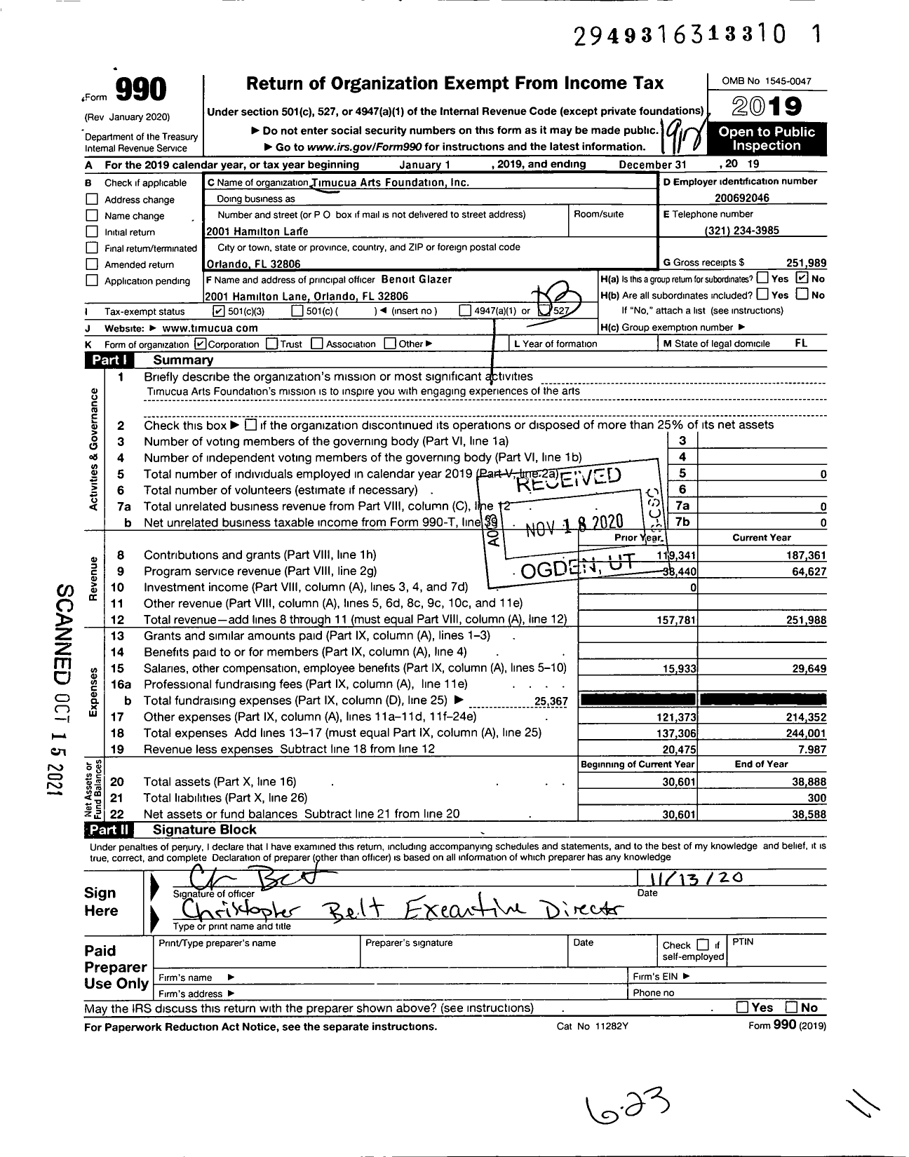 Image of first page of 2019 Form 990 for Timucua Arts Foundation