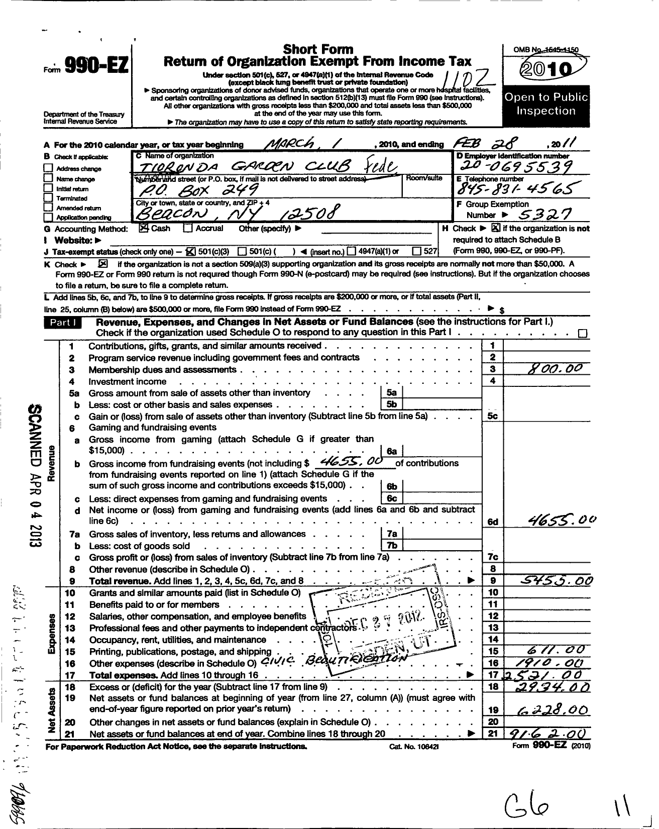 Image of first page of 2010 Form 990EZ for Federated Garden Clubs of New York State - Tioronda Garden Club