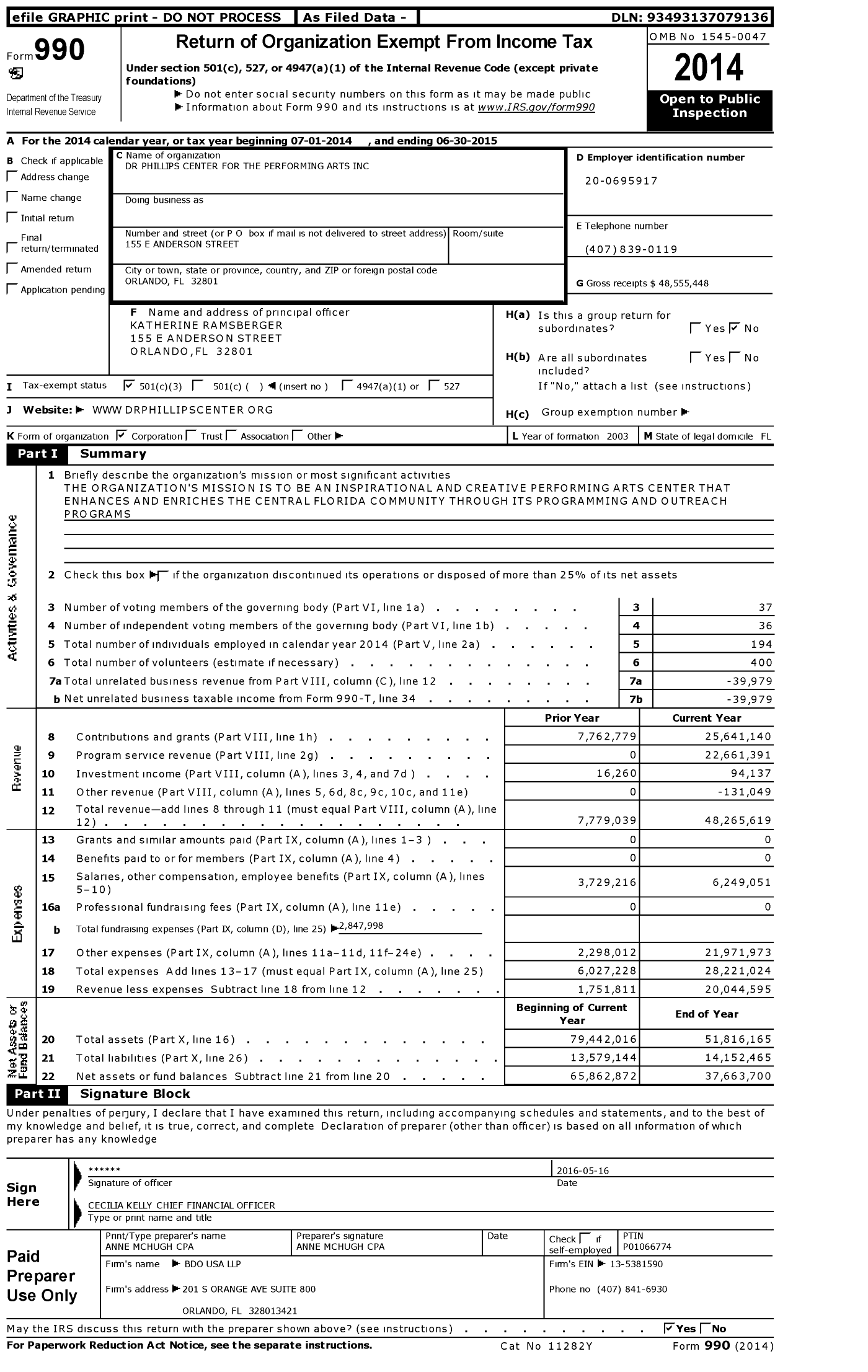 Image of first page of 2014 Form 990 for Dr. Phillips Center for the Performing Arts