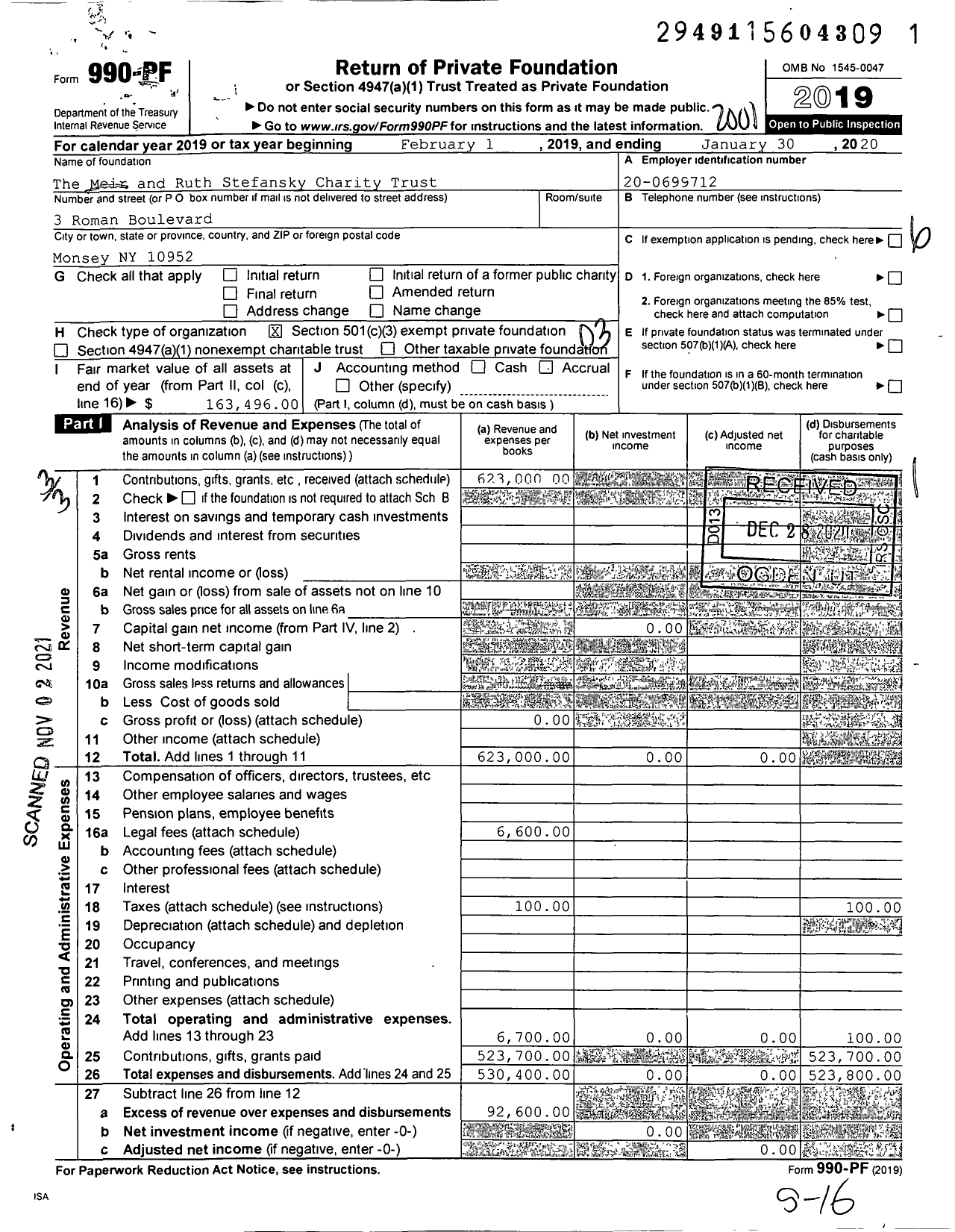 Image of first page of 2019 Form 990PF for Meir and Ruth Stefansky Charity Trust