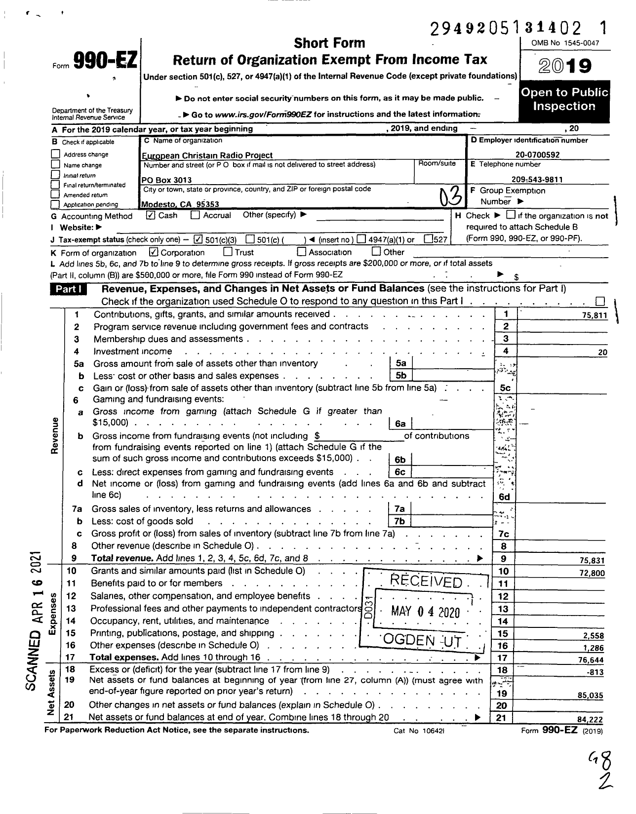 Image of first page of 2019 Form 990EZ for European Christian Radio Project