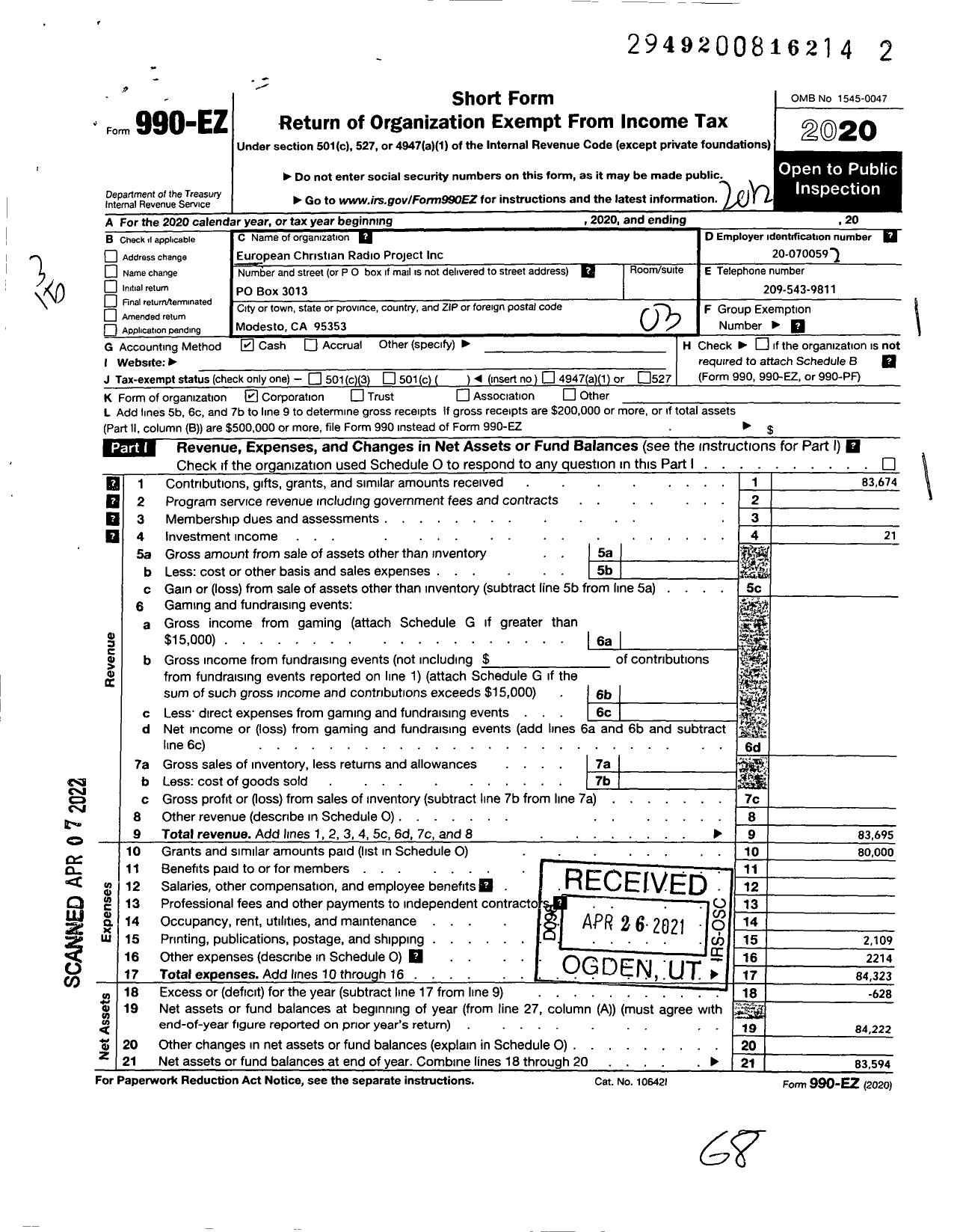 Image of first page of 2020 Form 990EZ for European Christian Radio Project