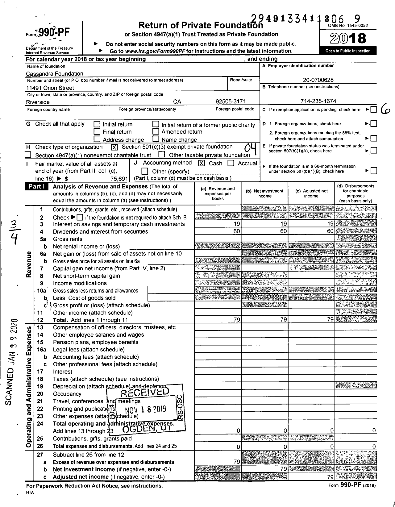 Image of first page of 2018 Form 990PF for Cassandra Foundation