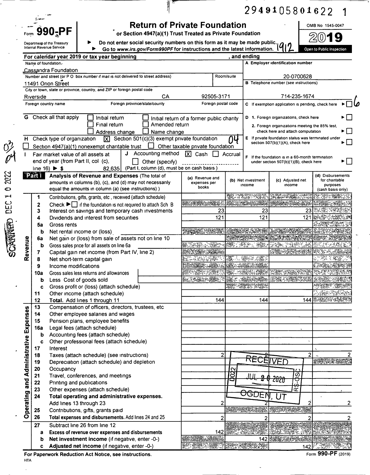 Image of first page of 2019 Form 990PF for Cassandra Foundation