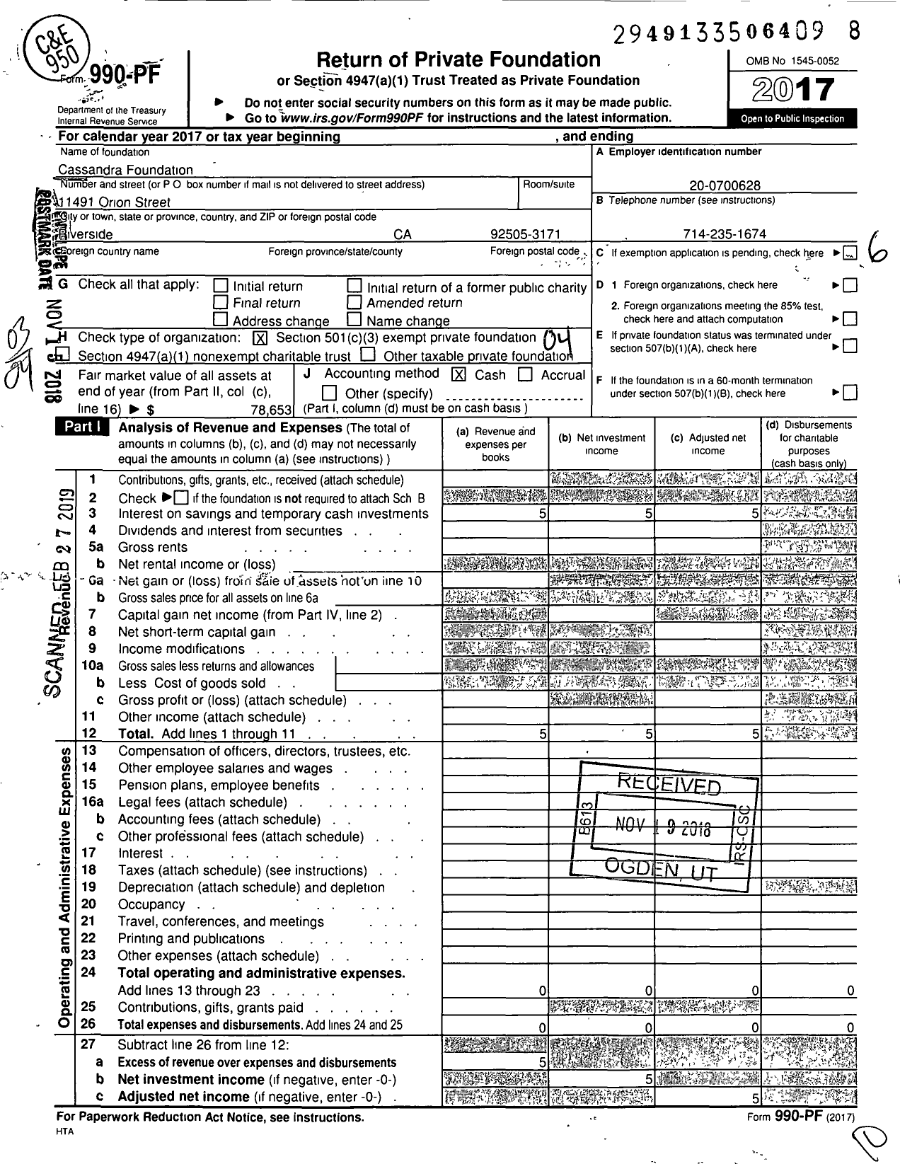 Image of first page of 2017 Form 990PF for Cassandra Foundation