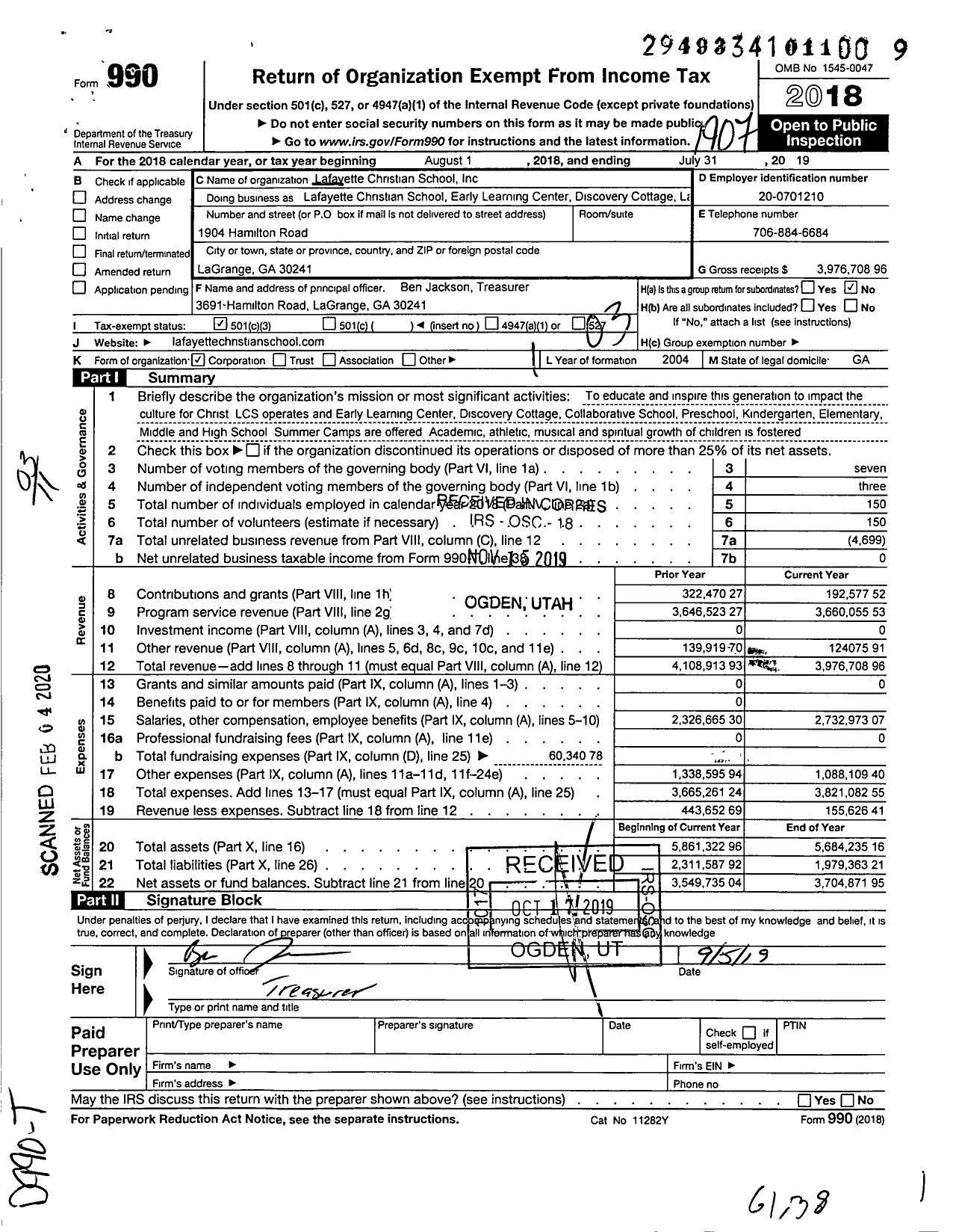 Image of first page of 2018 Form 990 for Lafayette Christian School