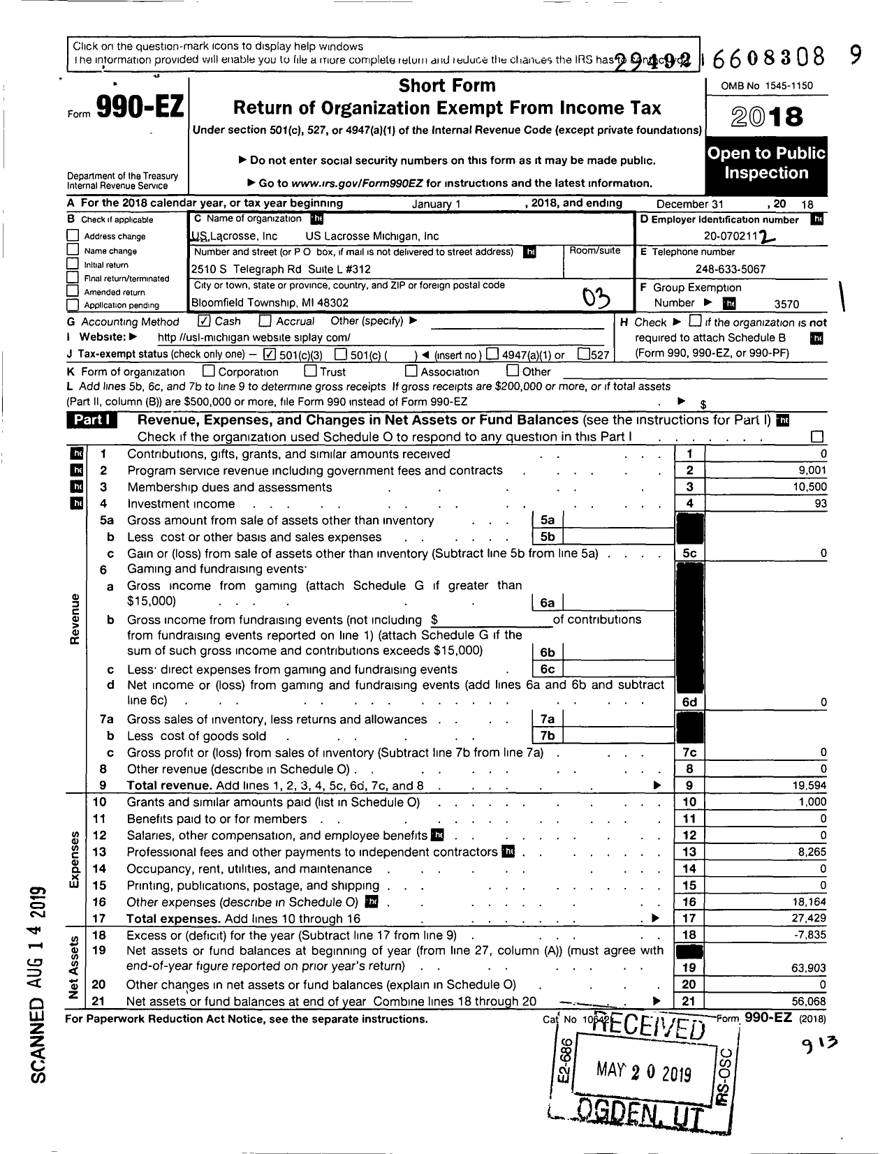 Image of first page of 2018 Form 990EZ for US Lacrosse / Michigan Lacrosse Foundation