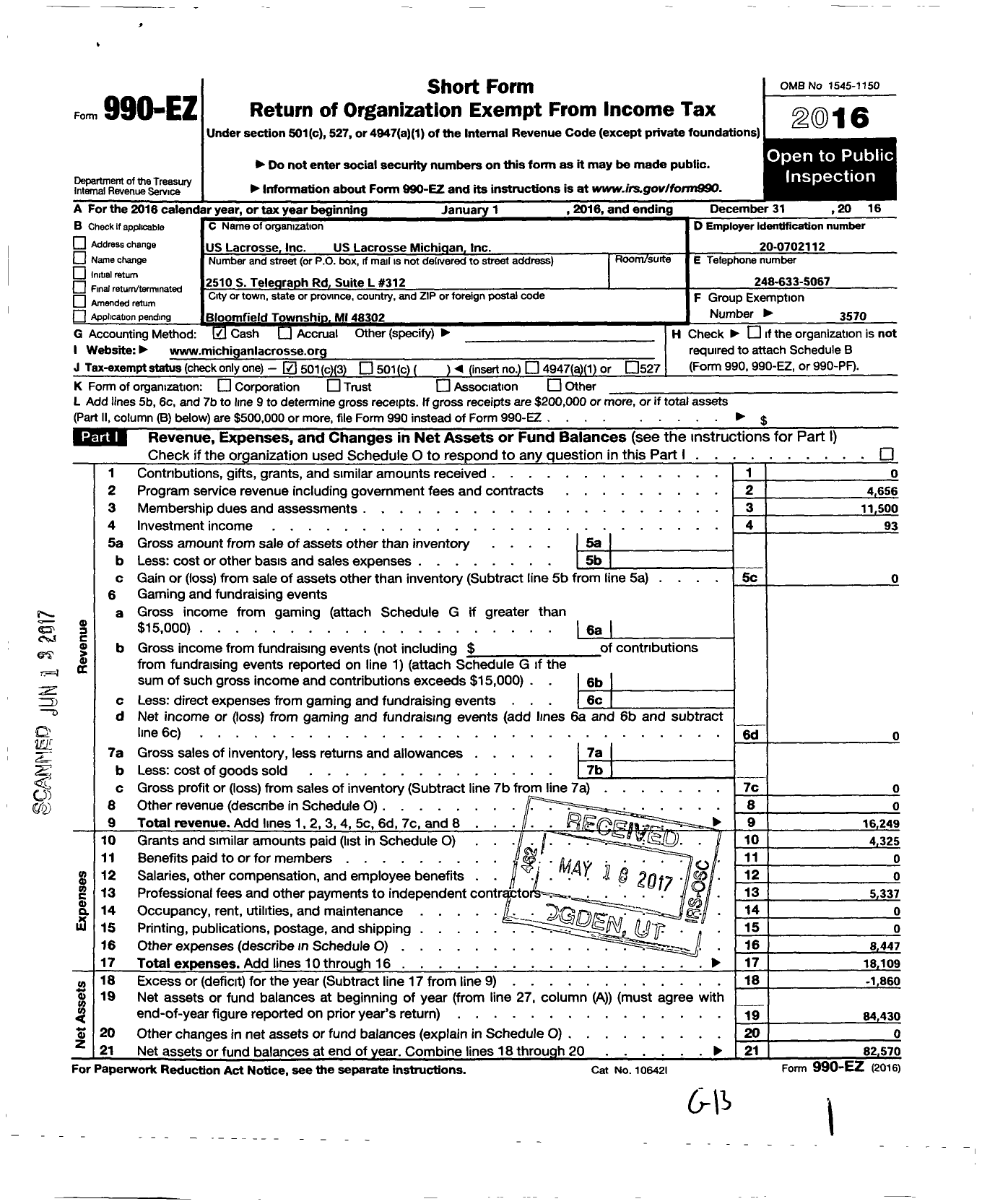 Image of first page of 2016 Form 990EZ for US Lacrosse / Michigan Lacrosse Foundation