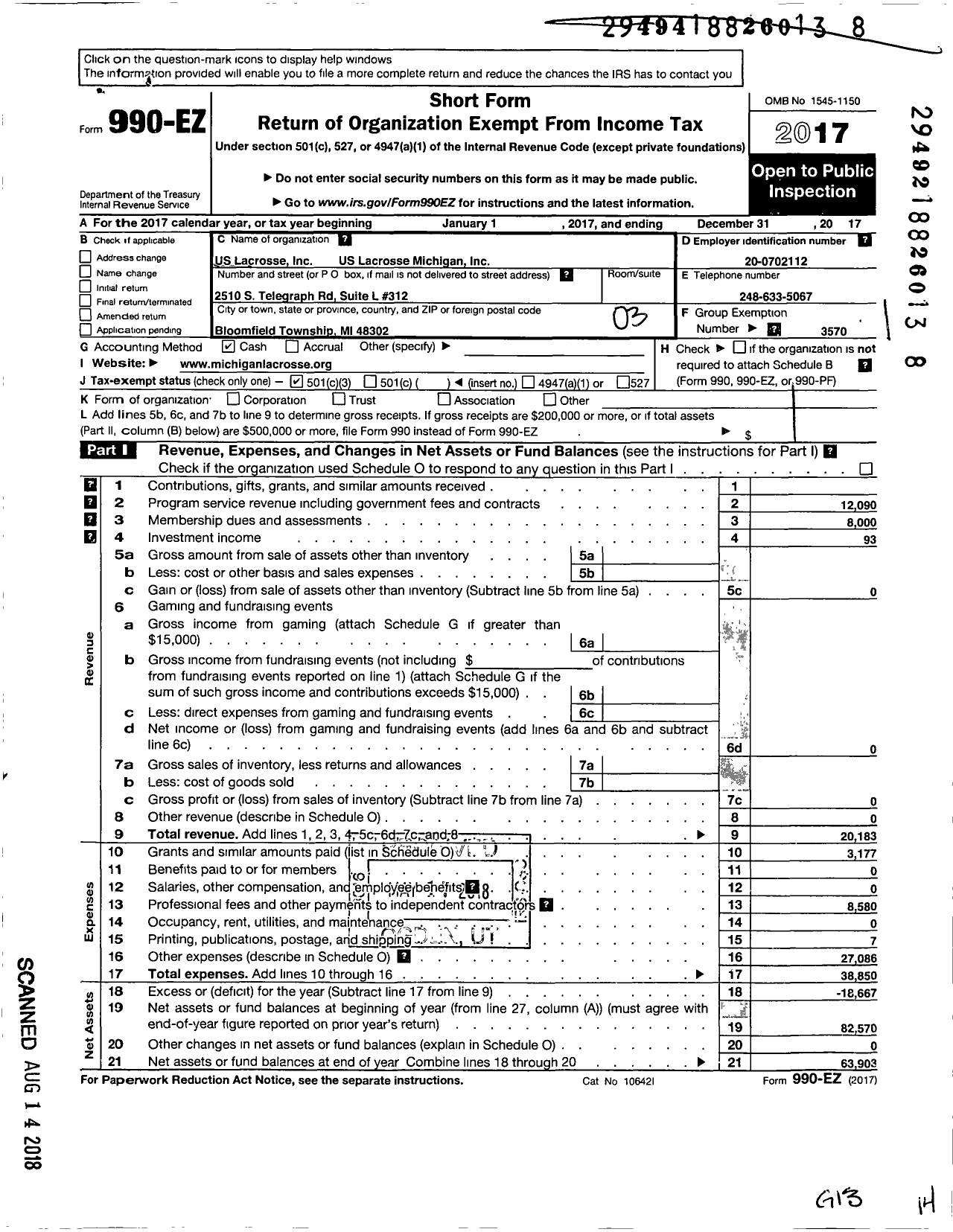 Image of first page of 2017 Form 990EZ for US Lacrosse / Michigan Lacrosse Foundation