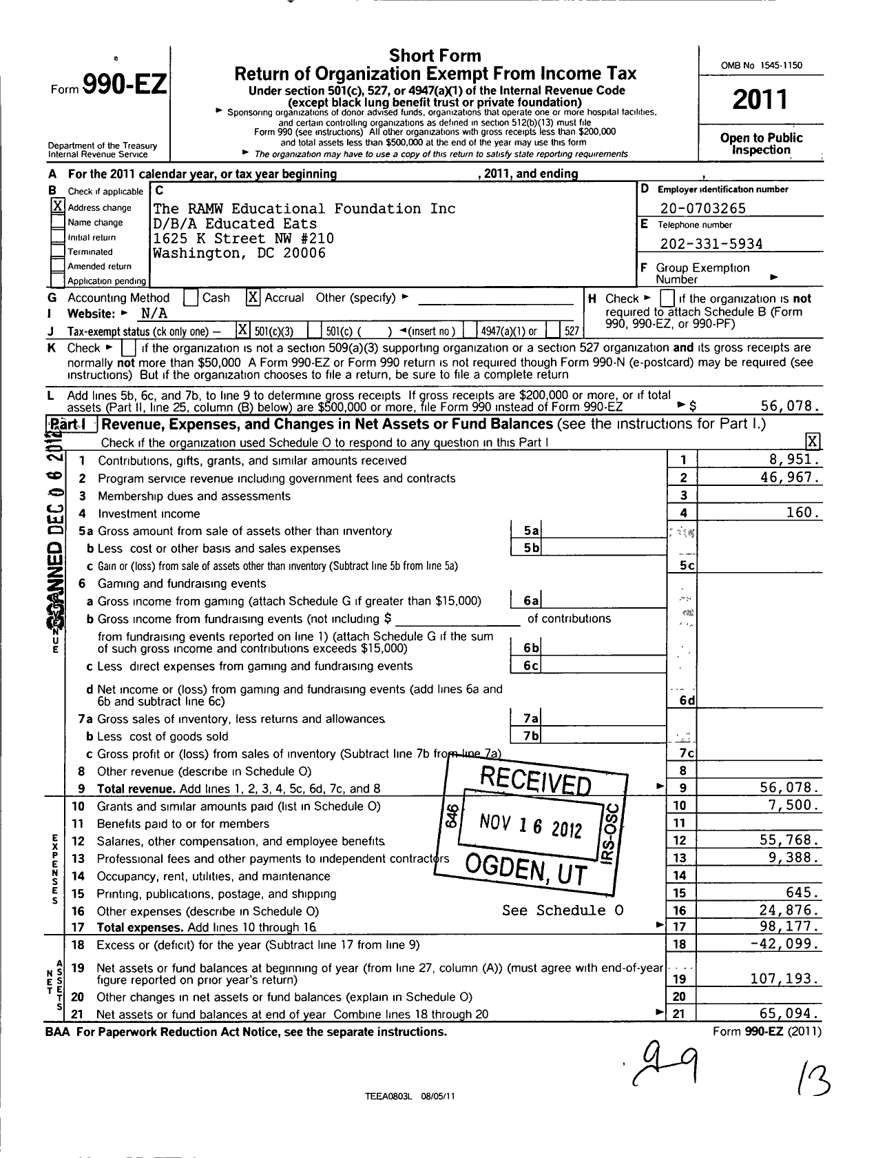 Image of first page of 2011 Form 990EZ for Educated Eats