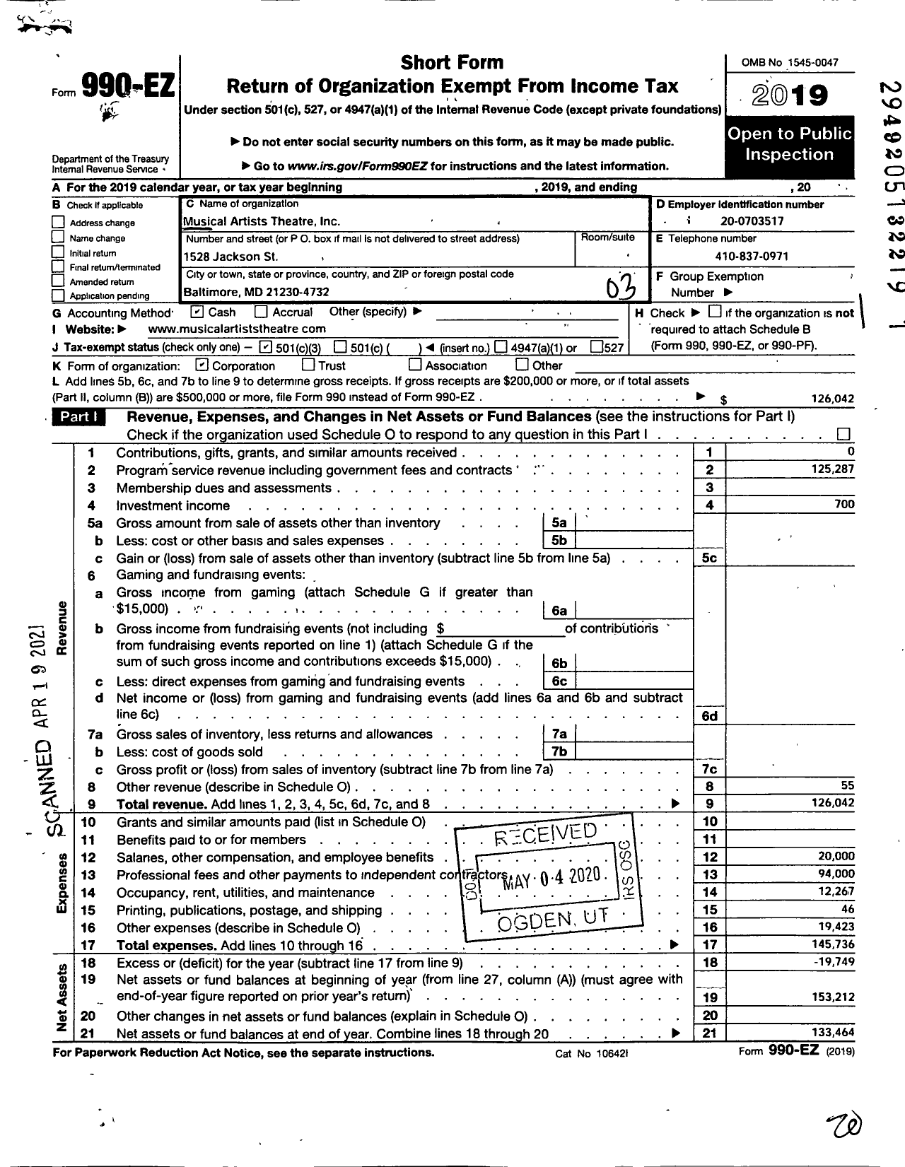 Image of first page of 2019 Form 990EZ for Musical Artists Theater Incorporated