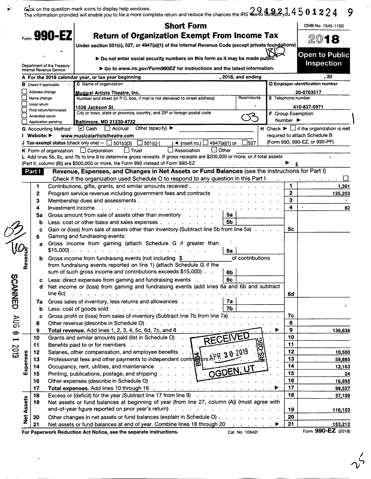 Image of first page of 2018 Form 990EZ for Musical Artists Theater Incorporated