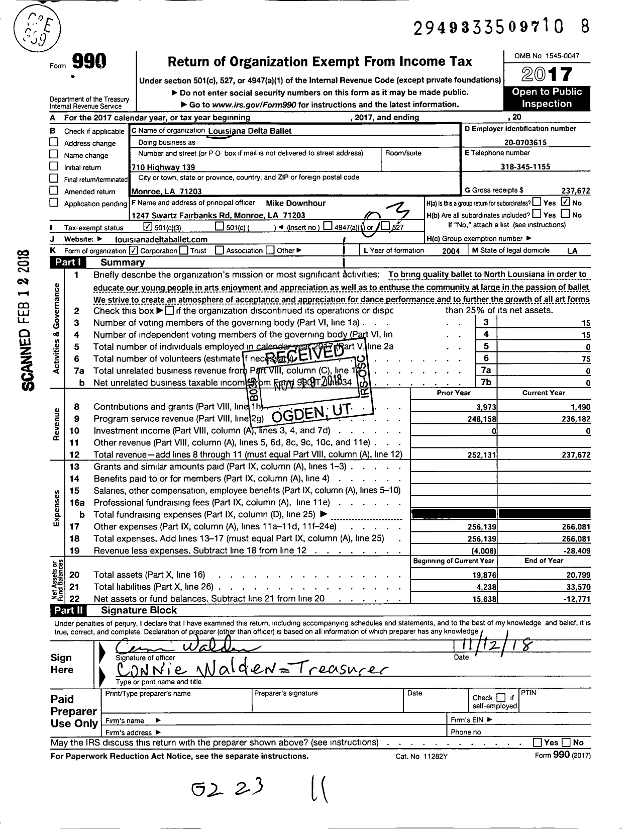 Image of first page of 2017 Form 990 for Louisiana Delta Ballet