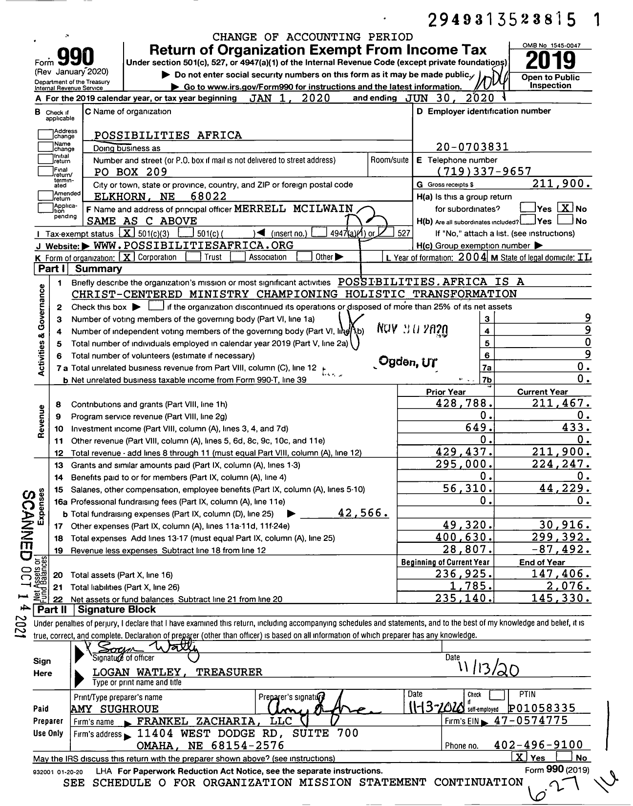 Image of first page of 2019 Form 990 for Possibilities Africa