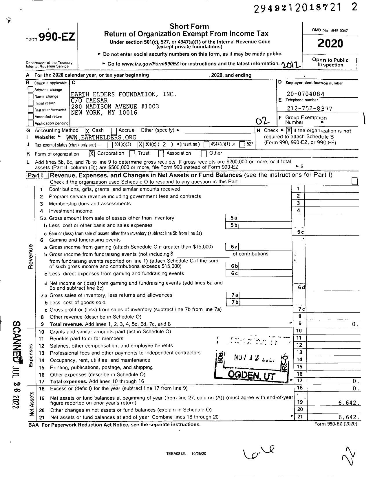 Image of first page of 2020 Form 990EO for Earth Elders Foundation