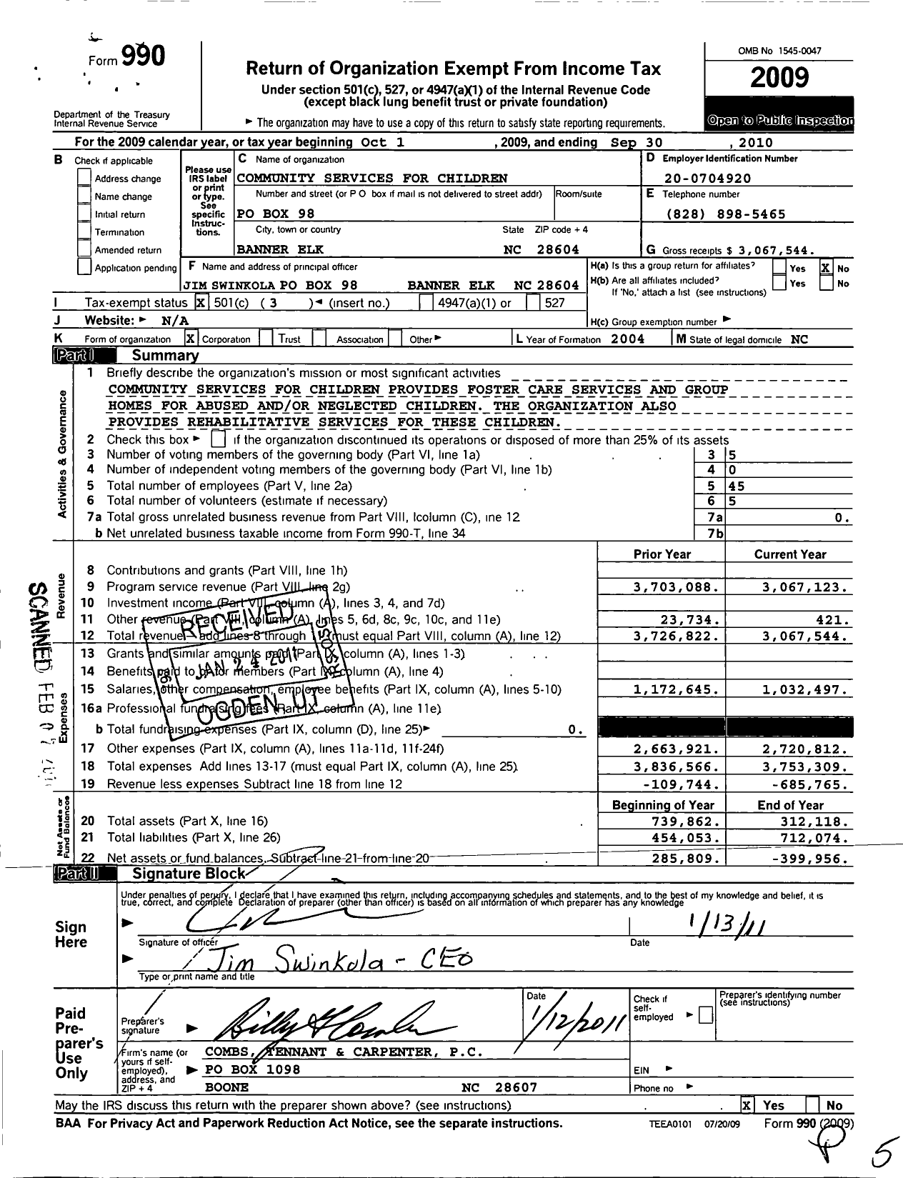 Image of first page of 2009 Form 990 for Community Services for Children