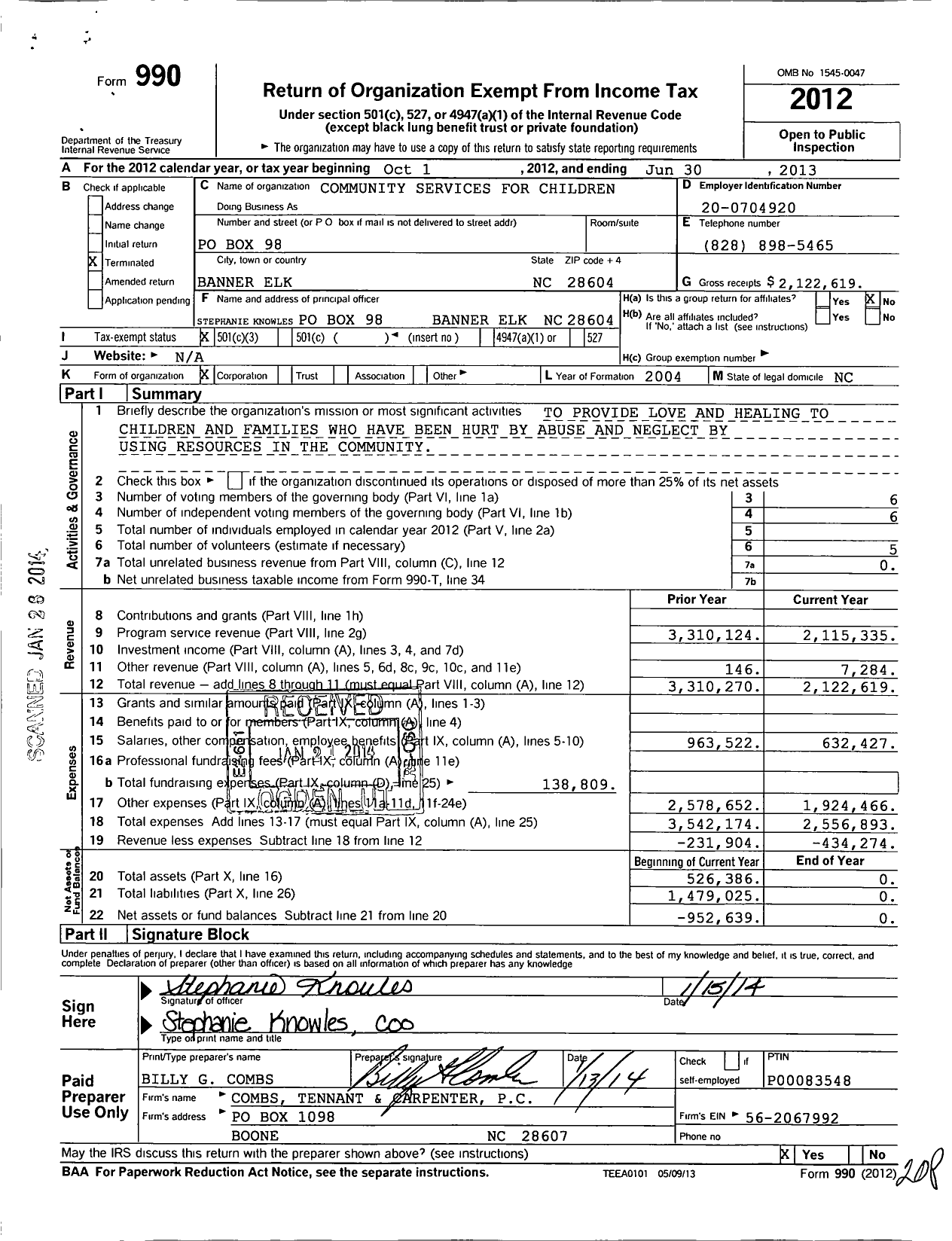 Image of first page of 2012 Form 990 for Community Services for Children