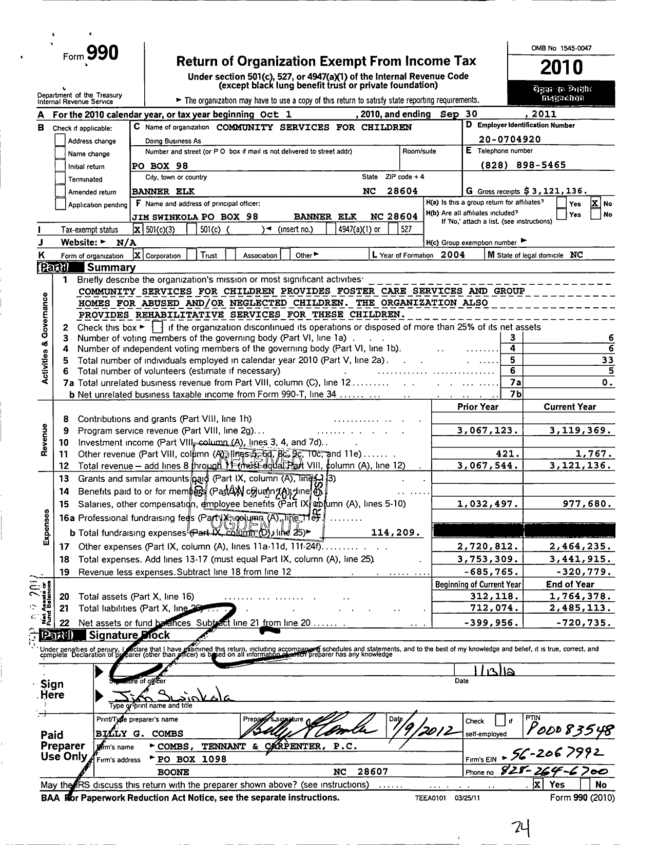 Image of first page of 2010 Form 990 for Community Services for Children