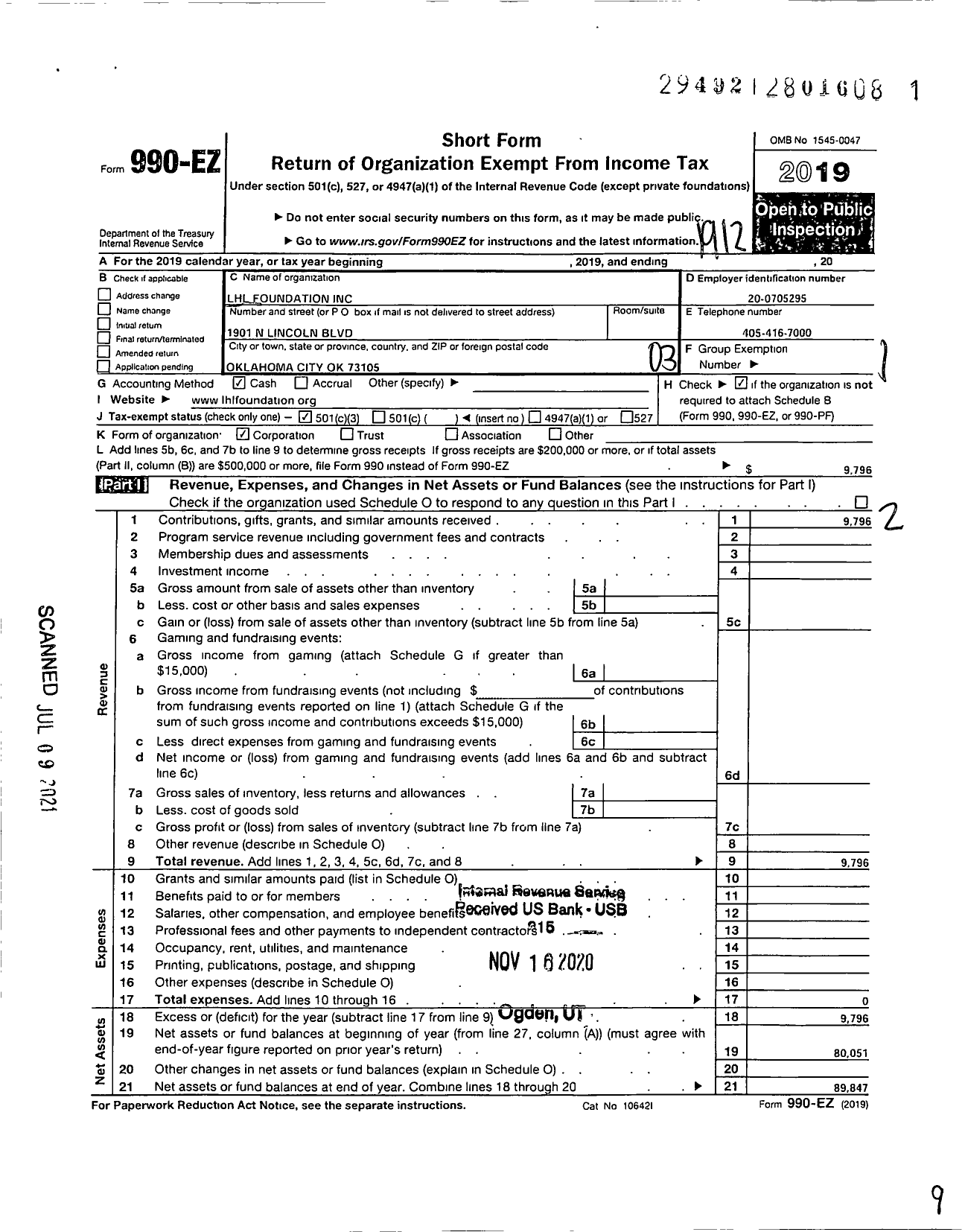 Image of first page of 2019 Form 990EZ for LHL Foundation