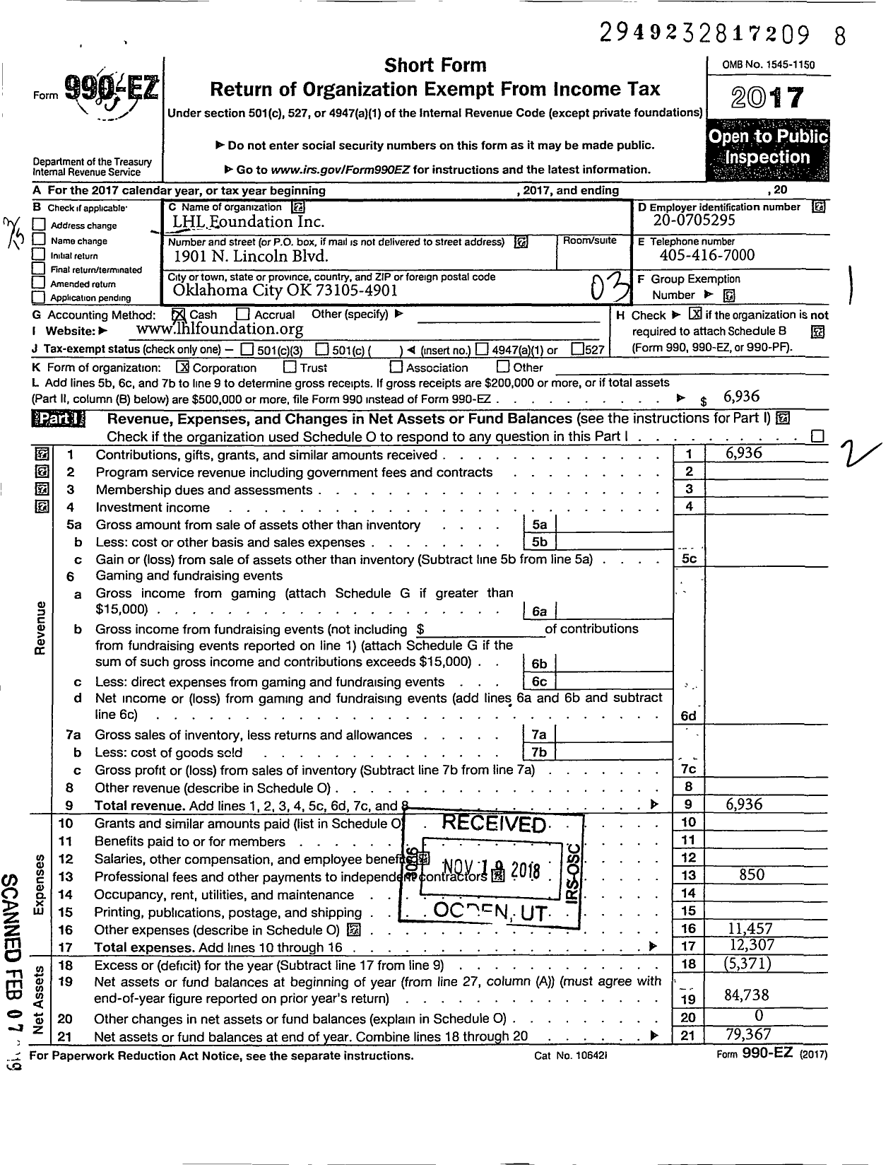 Image of first page of 2017 Form 990EZ for LHL Foundation