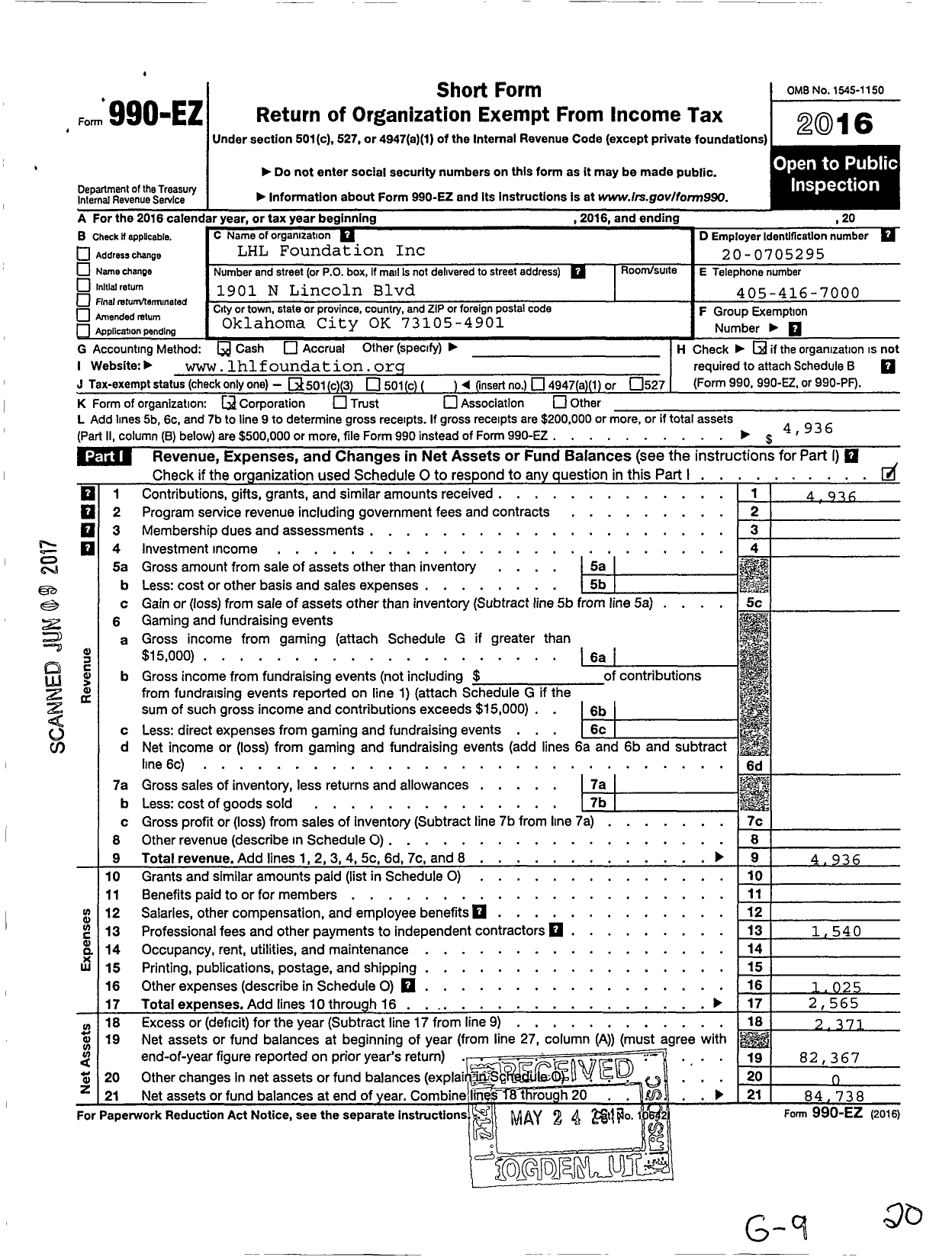 Image of first page of 2016 Form 990EZ for LHL Foundation