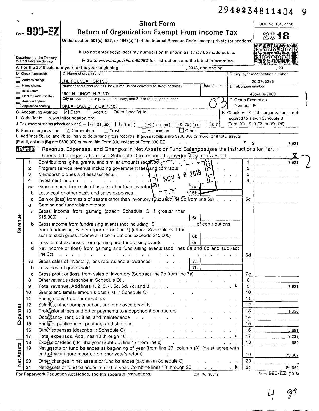 Image of first page of 2018 Form 990EZ for LHL Foundation