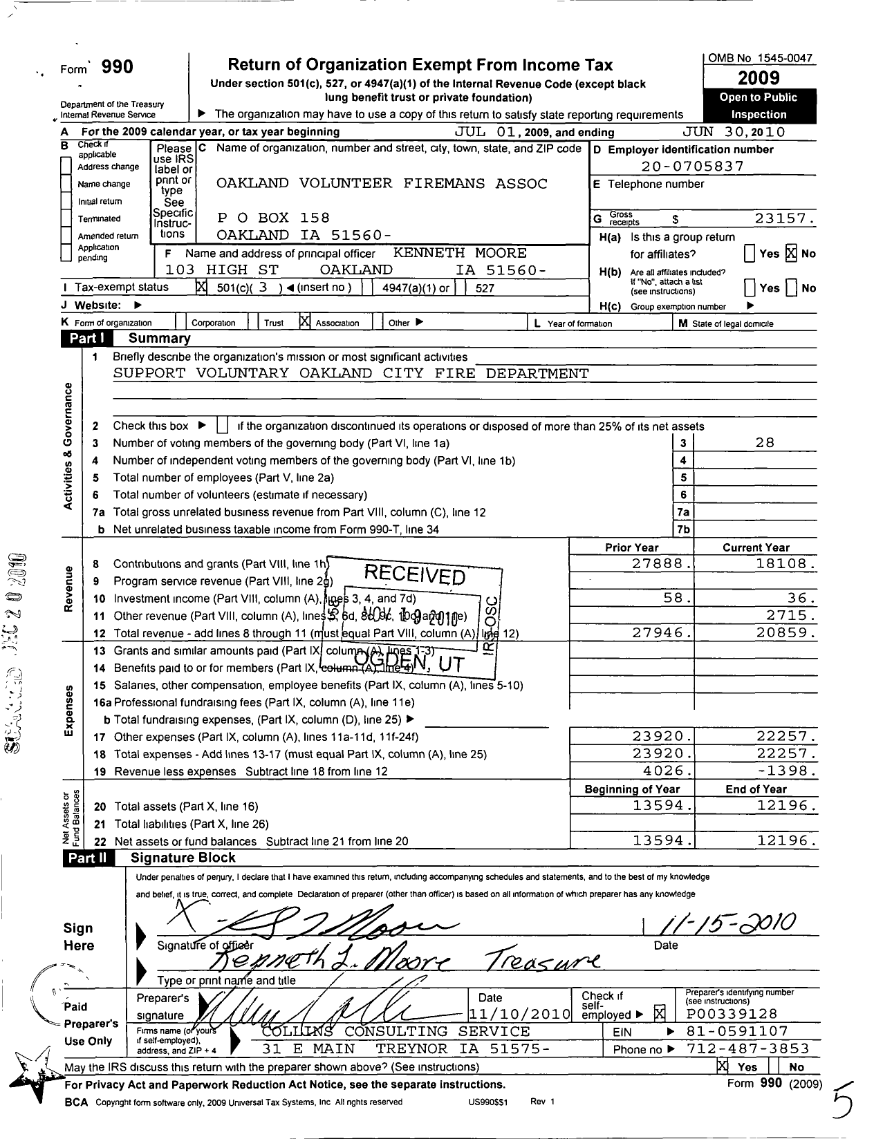 Image of first page of 2009 Form 990 for Oakland Volunteer Fire and Rescue Department