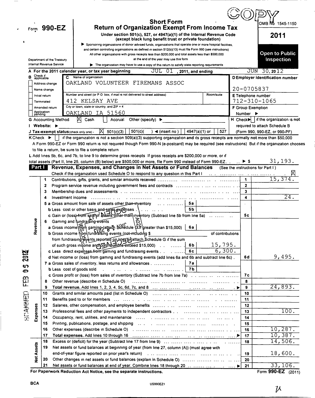 Image of first page of 2011 Form 990EZ for Oakland Volunteer Fire and Rescue Department