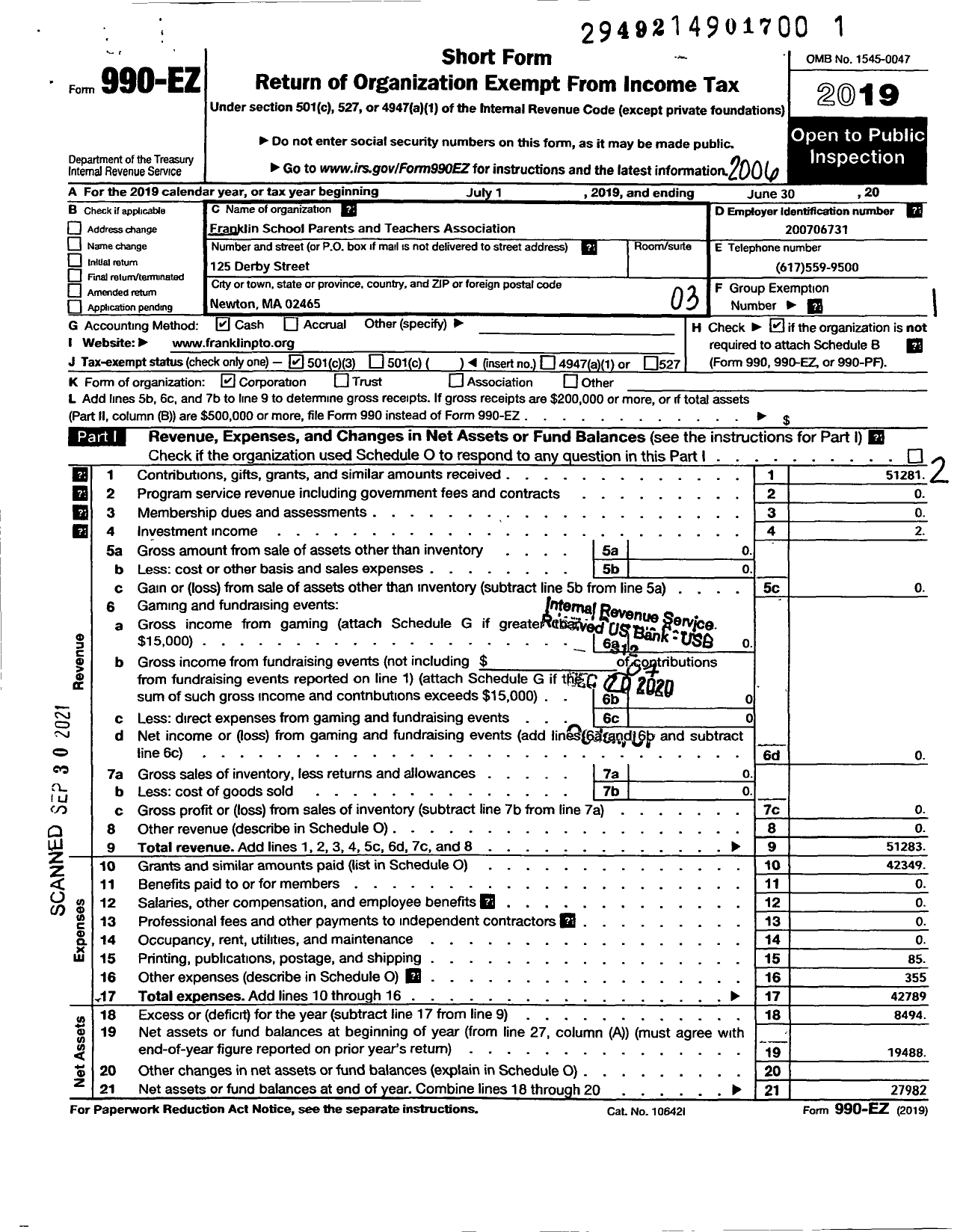Image of first page of 2019 Form 990EZ for Franklin School Parent and Teacher Association Franklin School PTO
