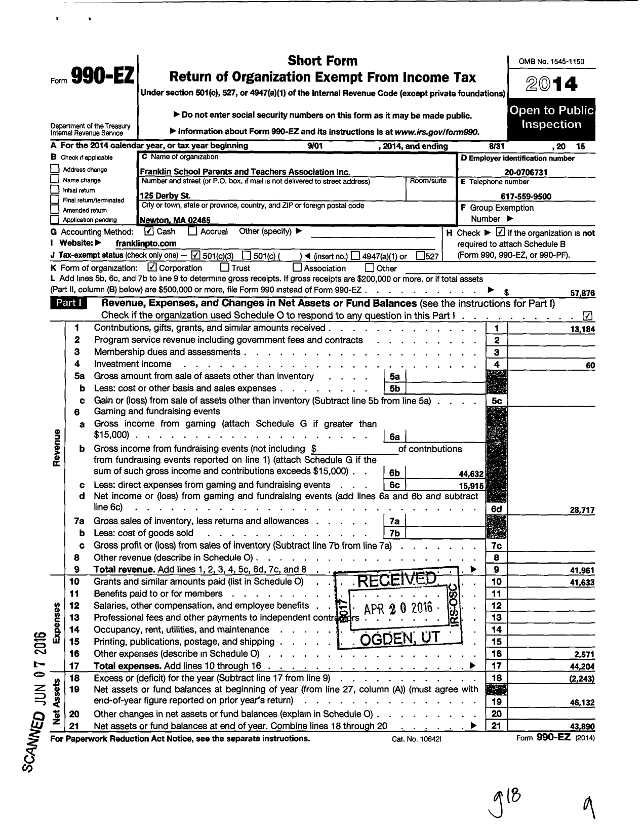 Image of first page of 2014 Form 990EZ for Franklin School Parent and Teacher Association Franklin School PTO
