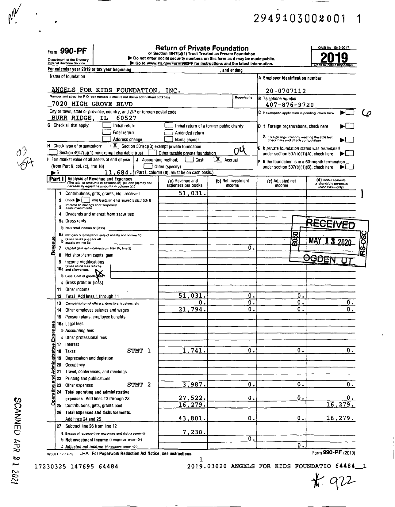 Image of first page of 2019 Form 990PF for Angels for Kids Foundation