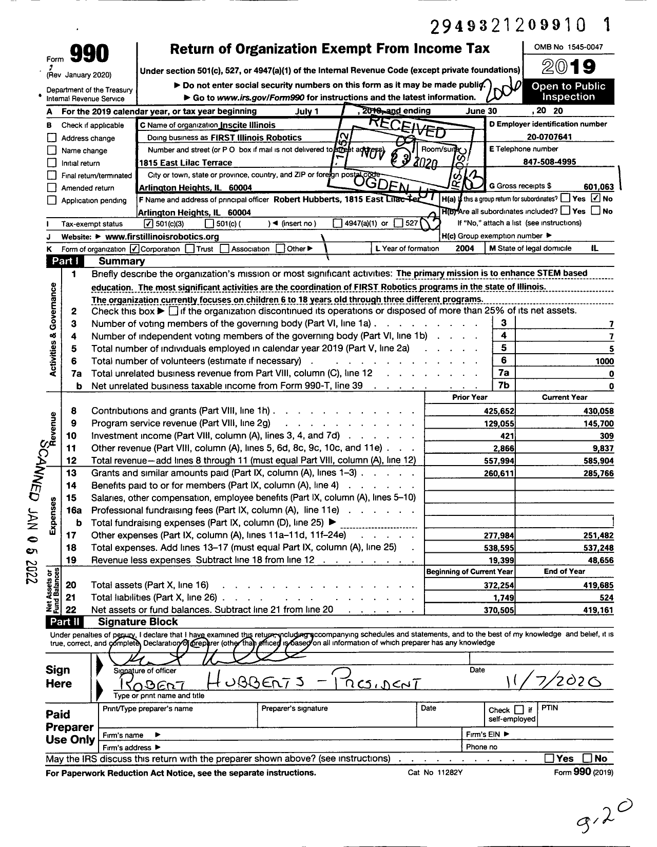 Image of first page of 2019 Form 990 for INSCITE Illinois FIRST Illinois Robotics