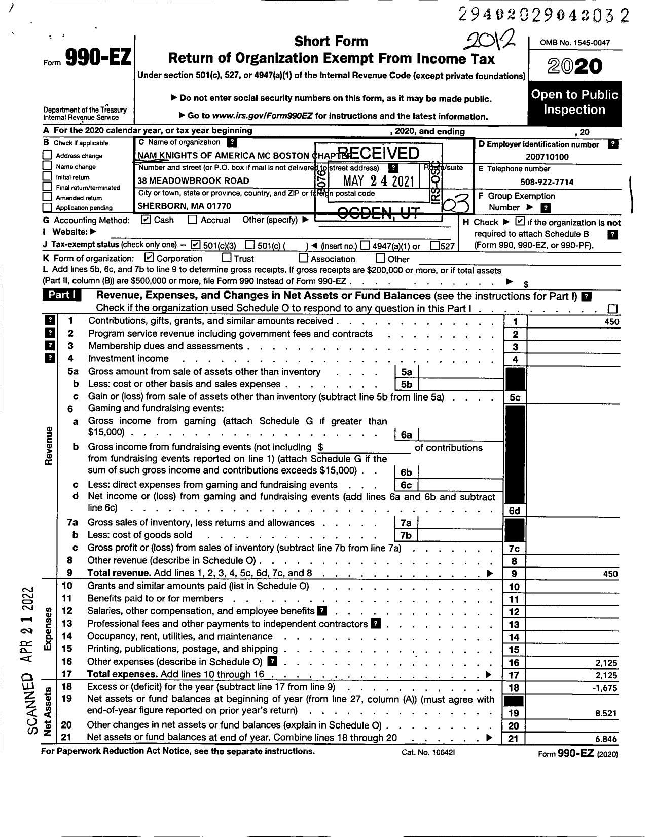 Image of first page of 2020 Form 990EZ for Nam Knights of America MC Boston Chapter