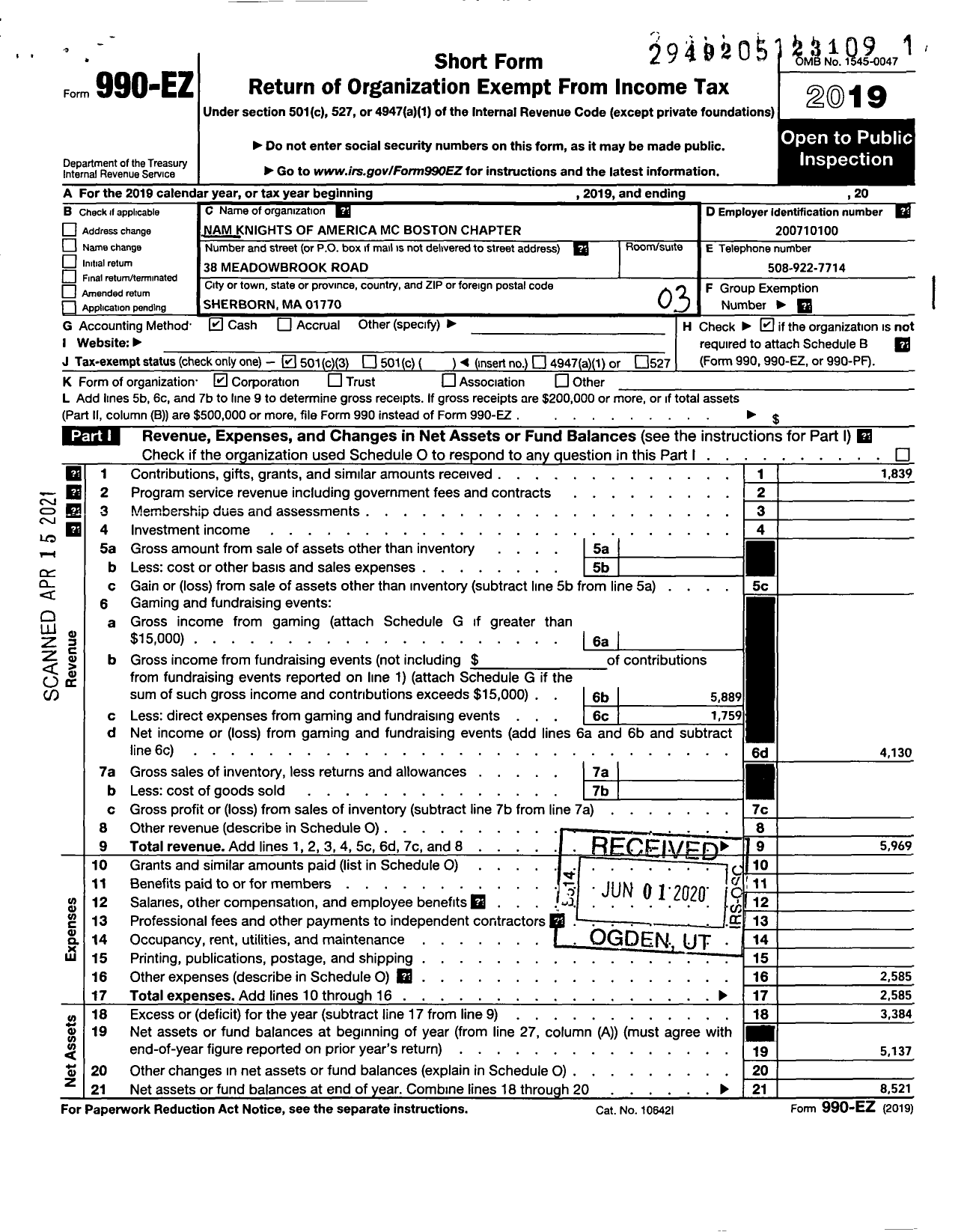 Image of first page of 2019 Form 990EZ for Nam Knights of America MC Boston Chapter