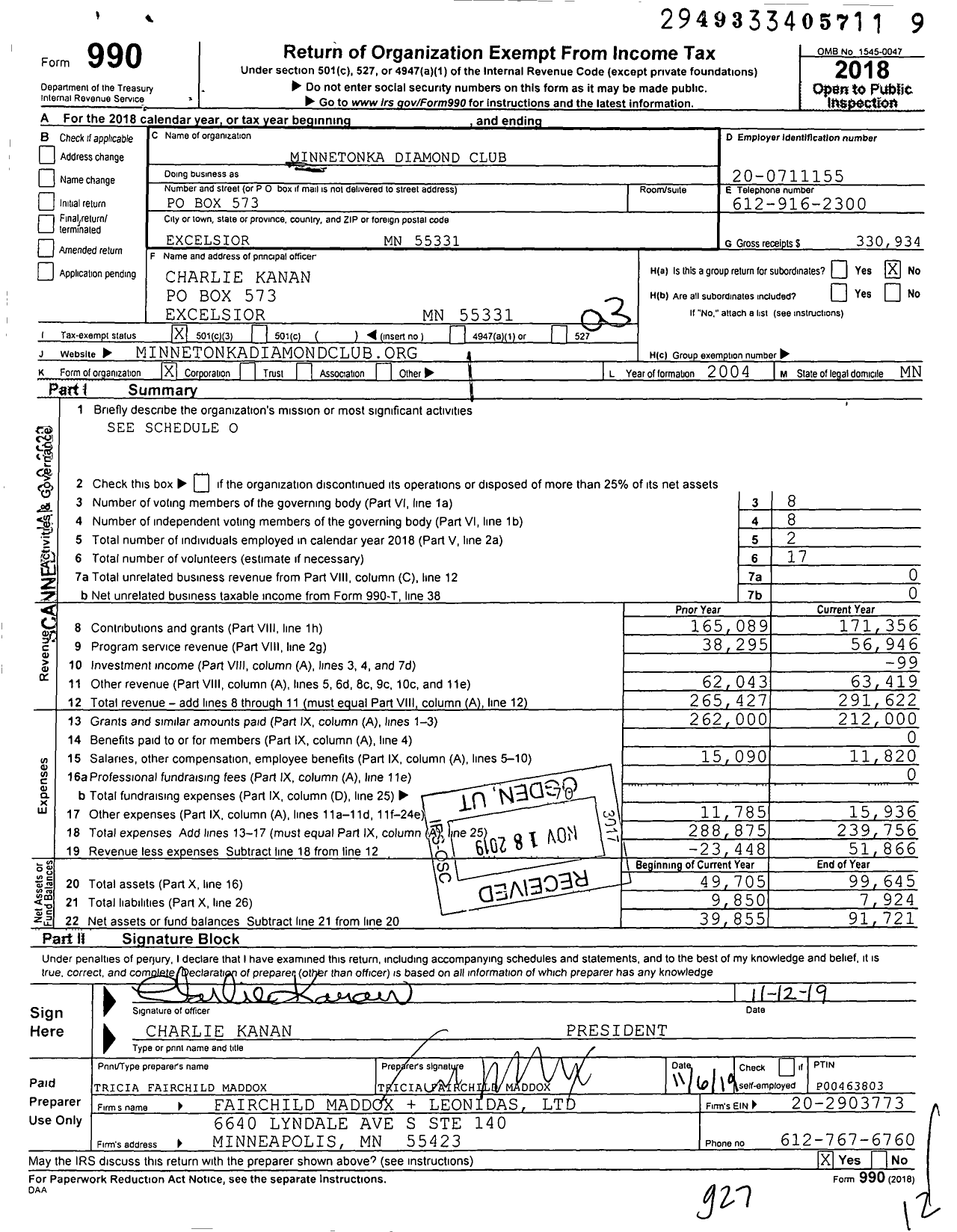 Image of first page of 2018 Form 990 for Minnetonka Diamond Club