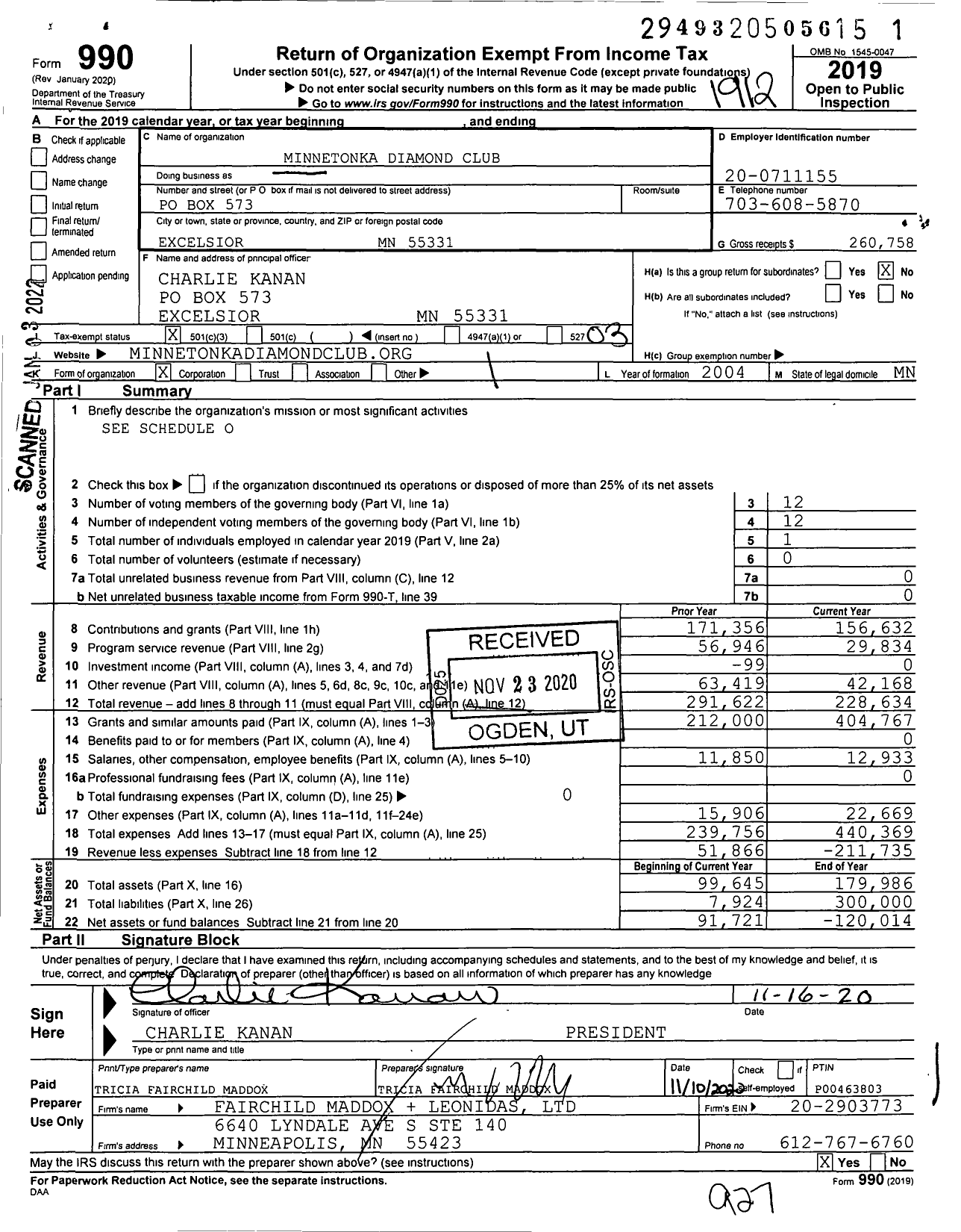 Image of first page of 2019 Form 990 for Minnetonka Diamond Club