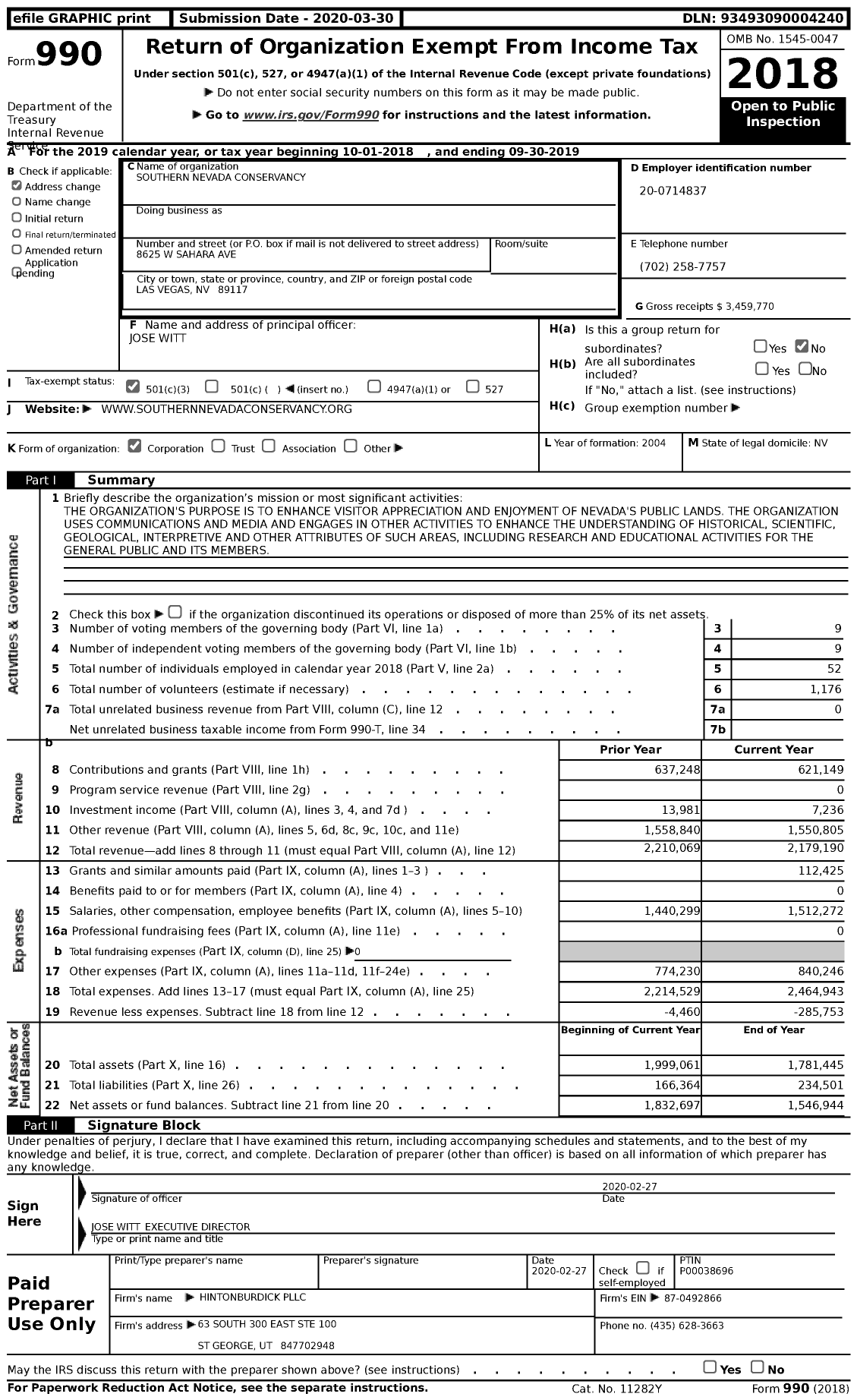 Image of first page of 2018 Form 990 for Southern Nevada Conservancy (SNC)