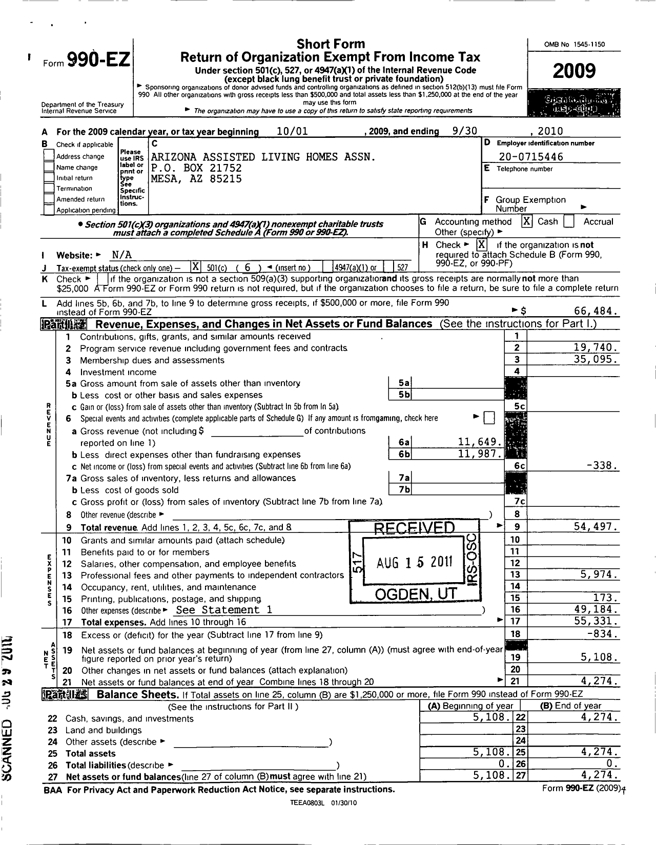 Image of first page of 2009 Form 990EO for Arizona Assisted Living Homes Association