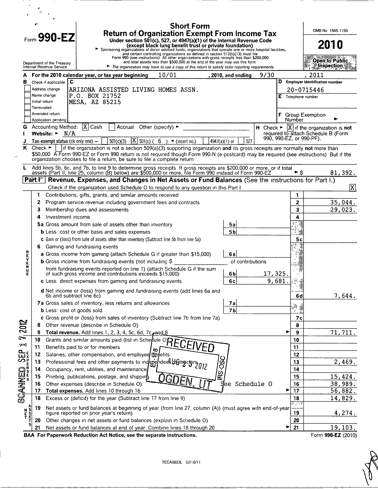 Image of first page of 2010 Form 990EO for Arizona Assisted Living Homes Association