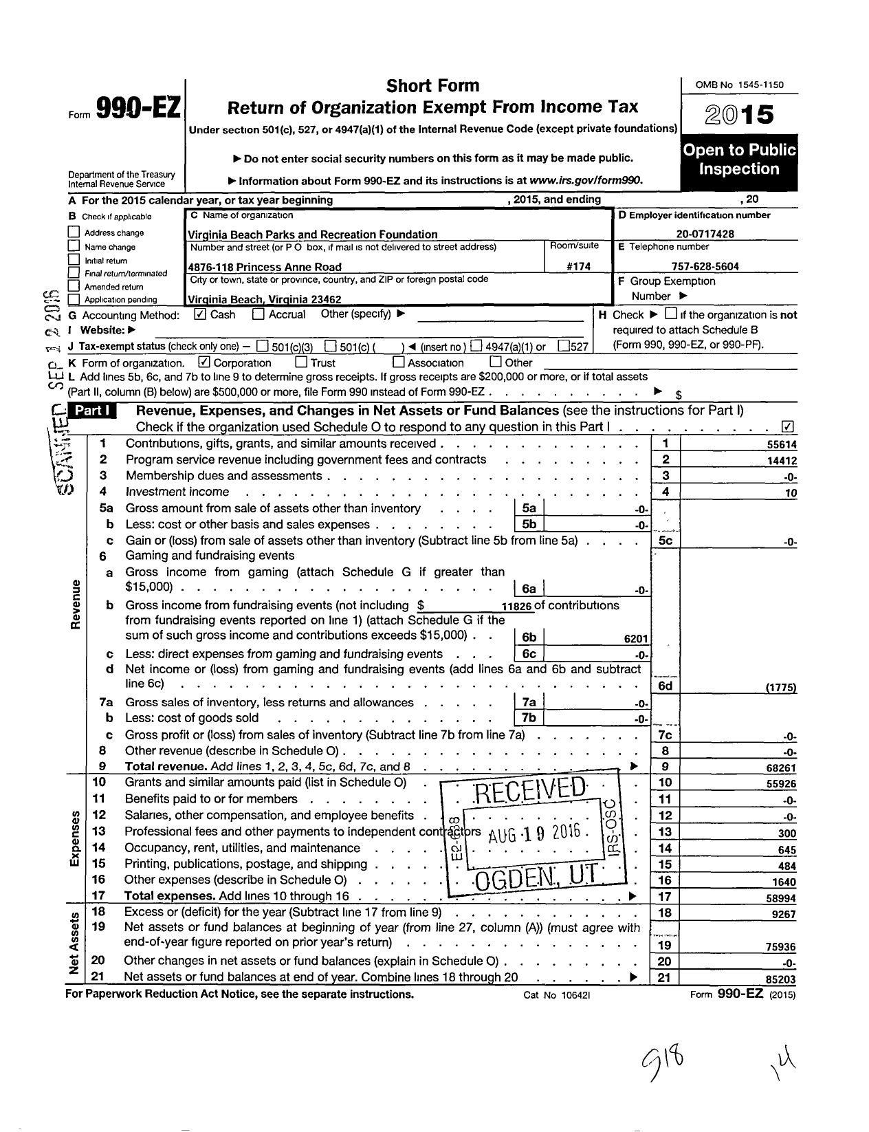 Image of first page of 2015 Form 990EO for Virginia Beach Parks and Recreation Foundation