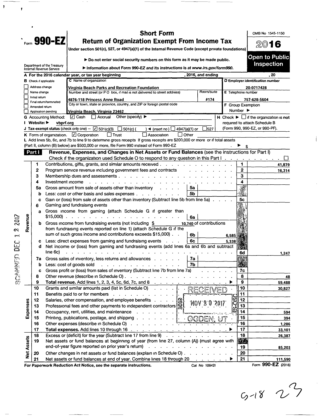 Image of first page of 2016 Form 990EZ for Virginia Beach Parks and Recreation Foundation