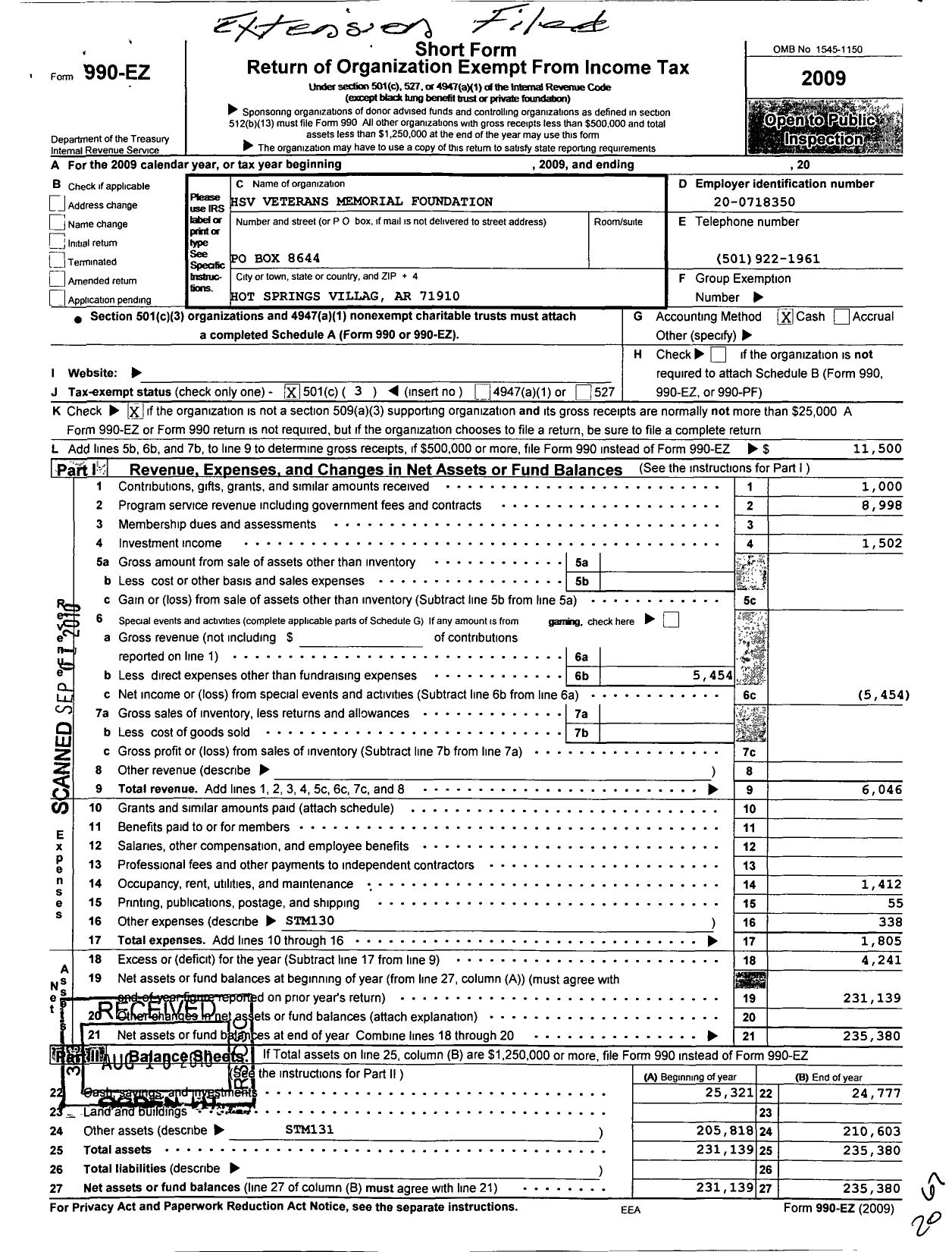 Image of first page of 2009 Form 990EZ for Hot Springs Village Veterans Memorial Foundation