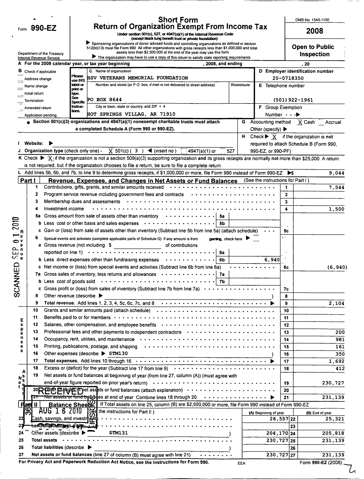 Image of first page of 2008 Form 990EZ for Hot Springs Village Veterans Memorial Foundation