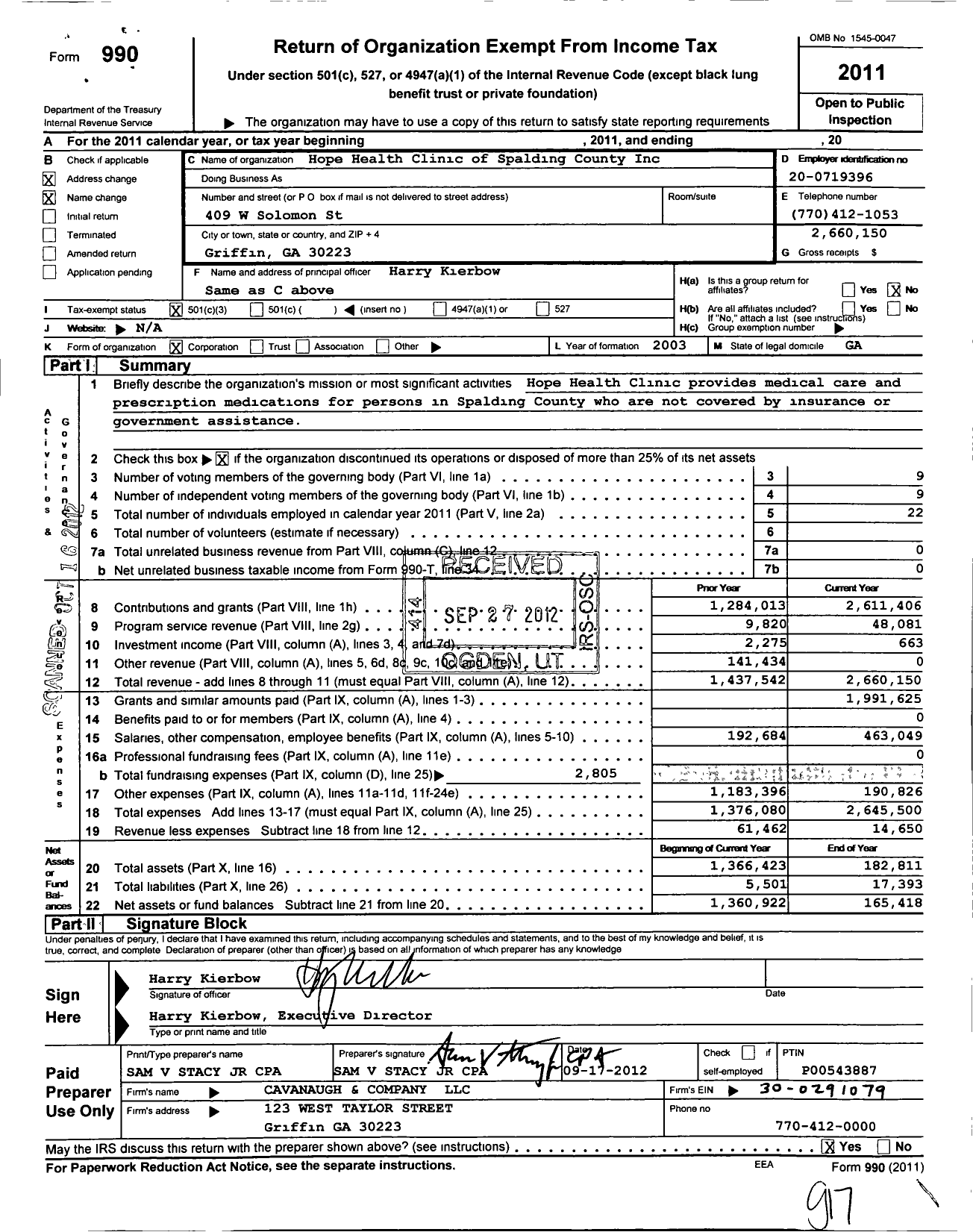 Image of first page of 2011 Form 990 for Hope Health Clinic of Spalding County