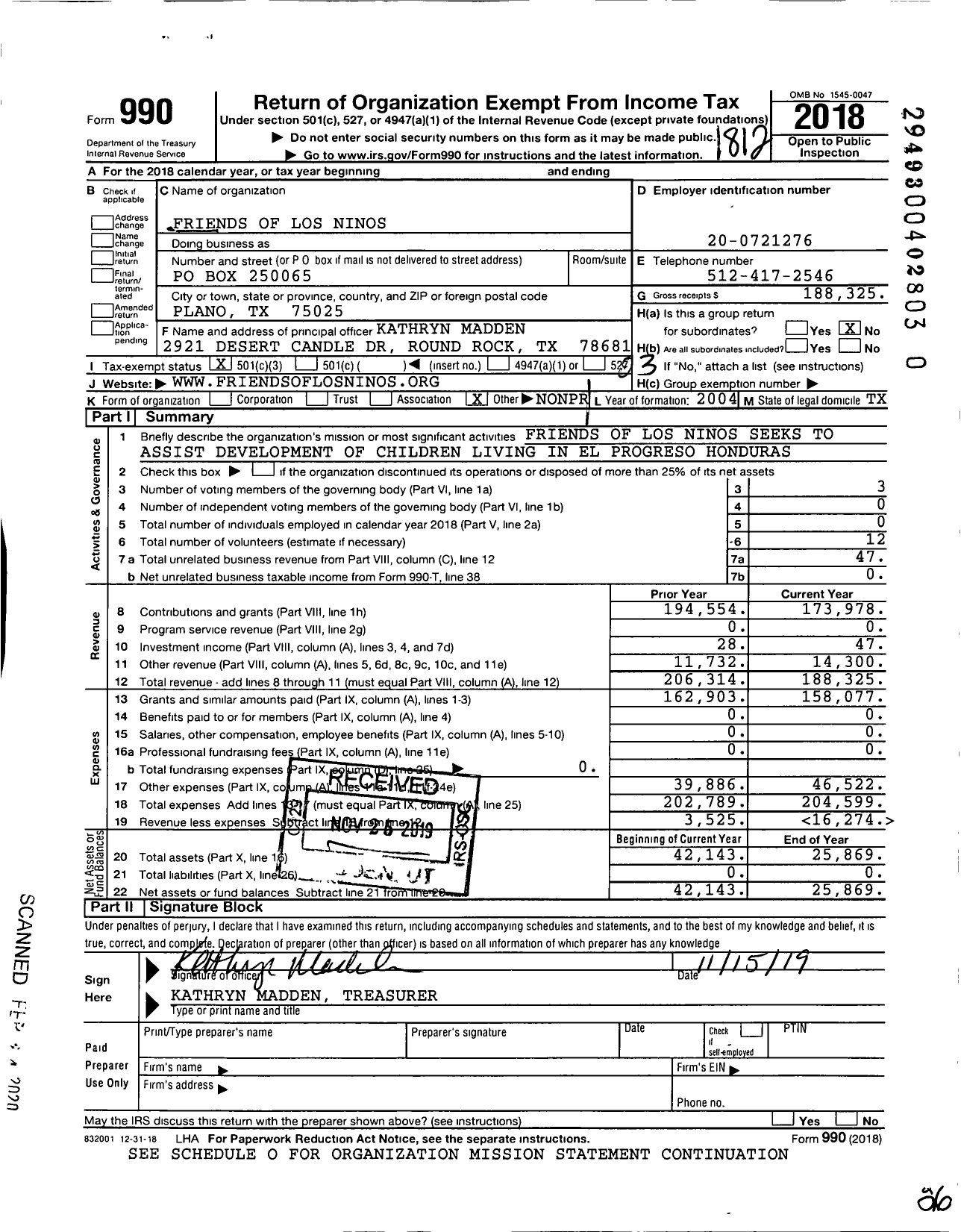 Image of first page of 2018 Form 990 for Friends of Los Ninos