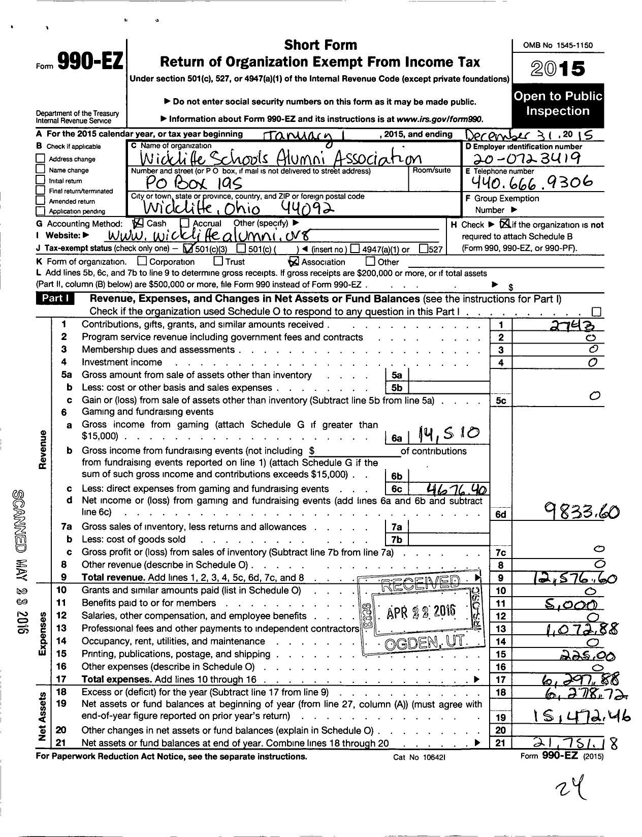 Image of first page of 2015 Form 990EZ for Wickliffe Schools Alumni Association